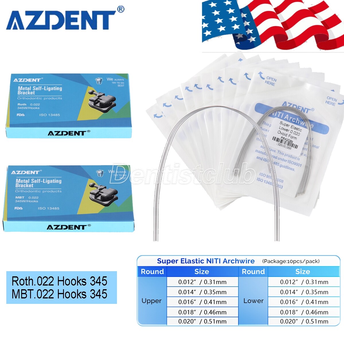 AZDENT Dental Ortho Super Elastic Niti Arch Wires Round /Self-ligating Brackets
