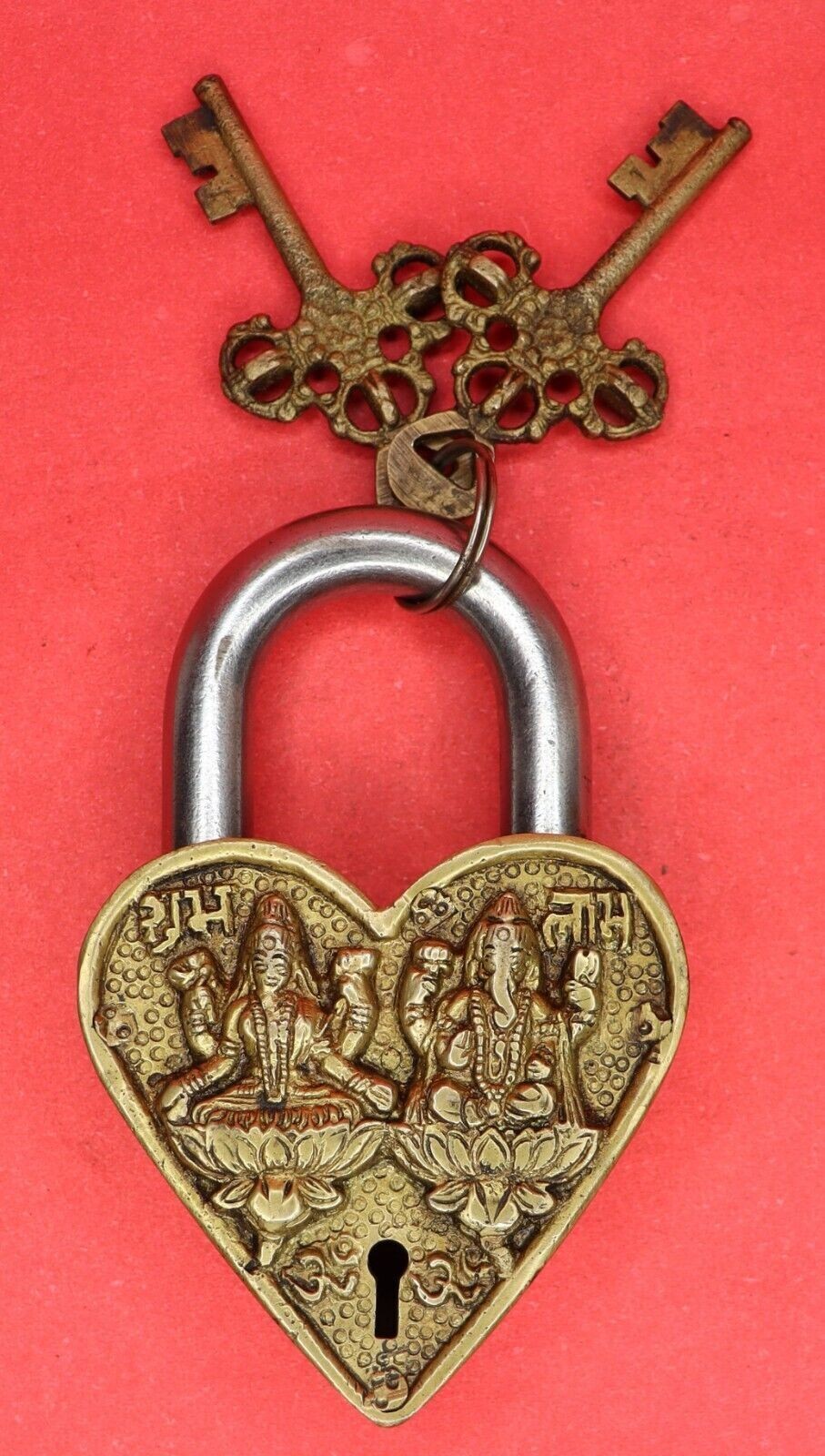Laxmi Ganesha Lock Victorian Style Handcrafted Brass Padlock with Working Keys