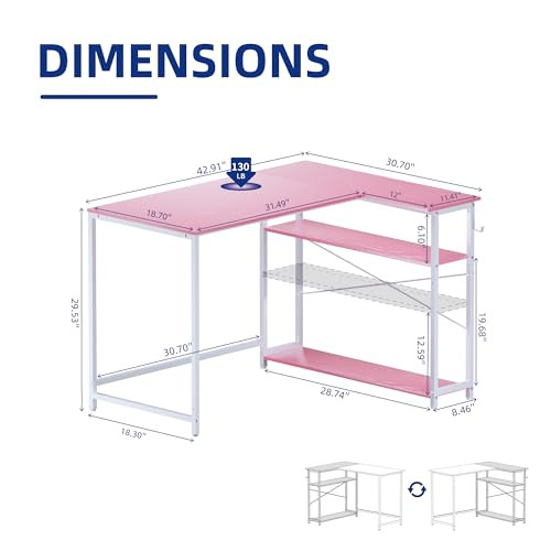 43 Inch L Shaped Computer Desk with Reversible Side Storage Shelves, Small