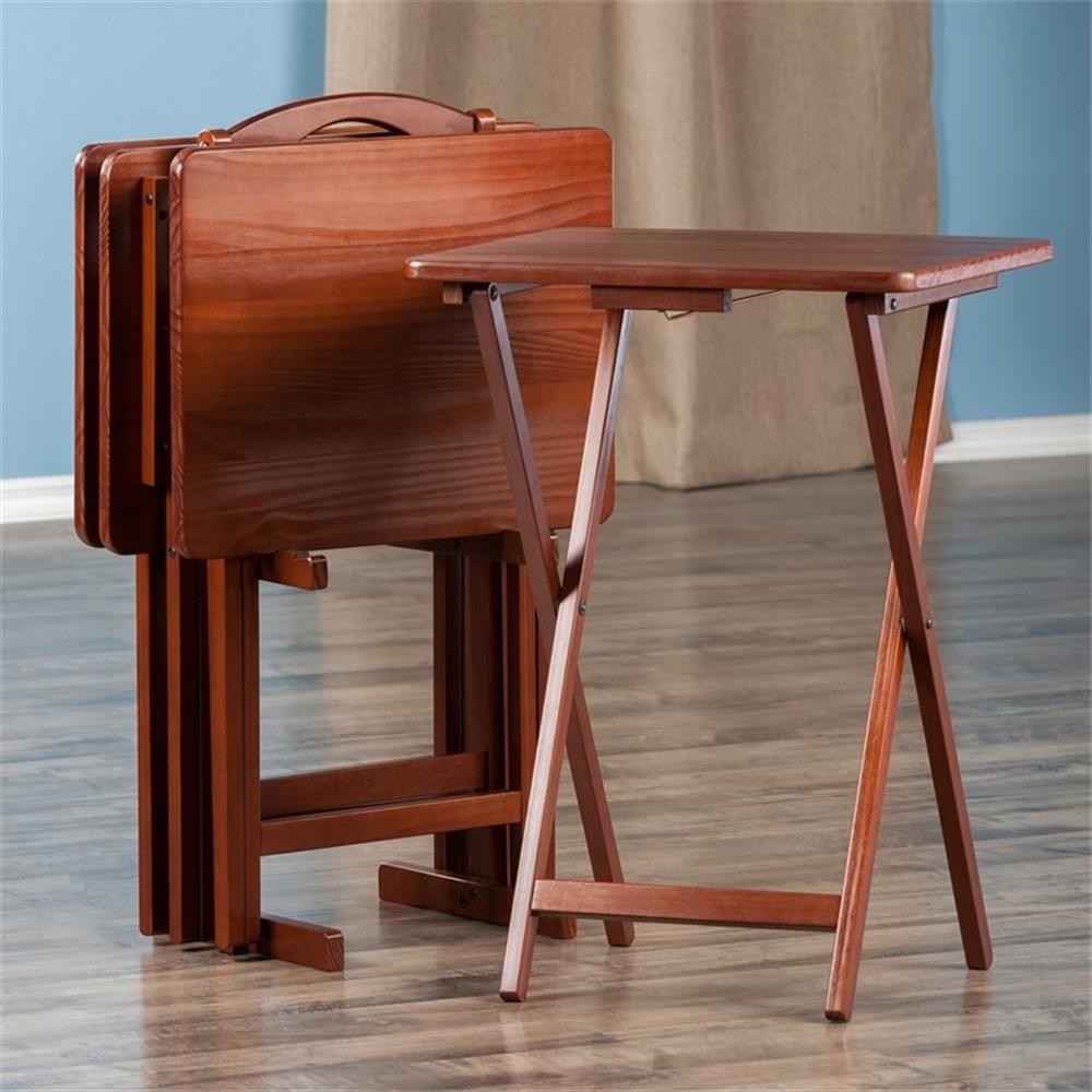 Pemberly Row 5-Piece Transitional Solid Wood Snack Table Set in Walnut