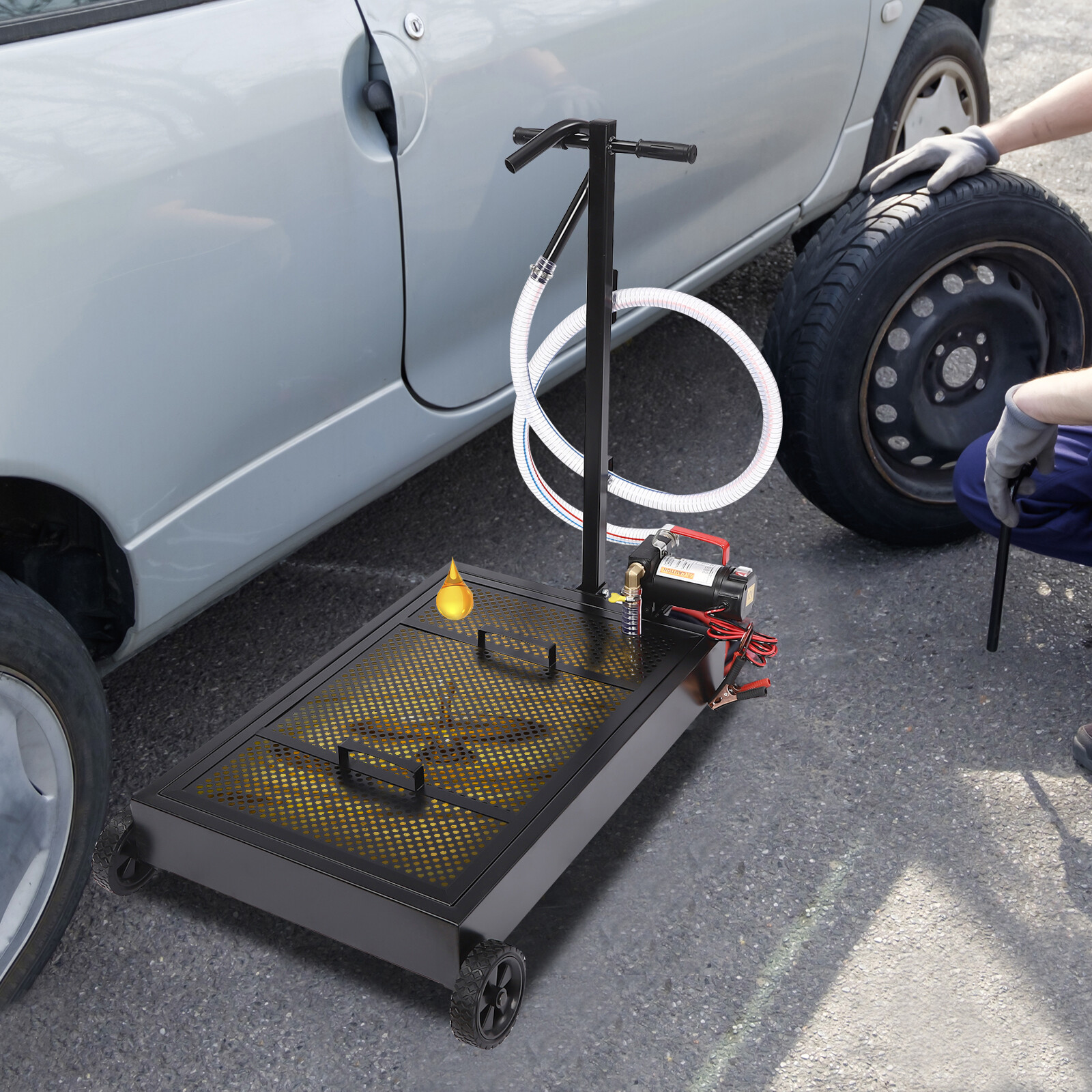 15Gal Oil Drain Pan Low Profile with Electric Pump 155W and Wheels Car Truck NEW