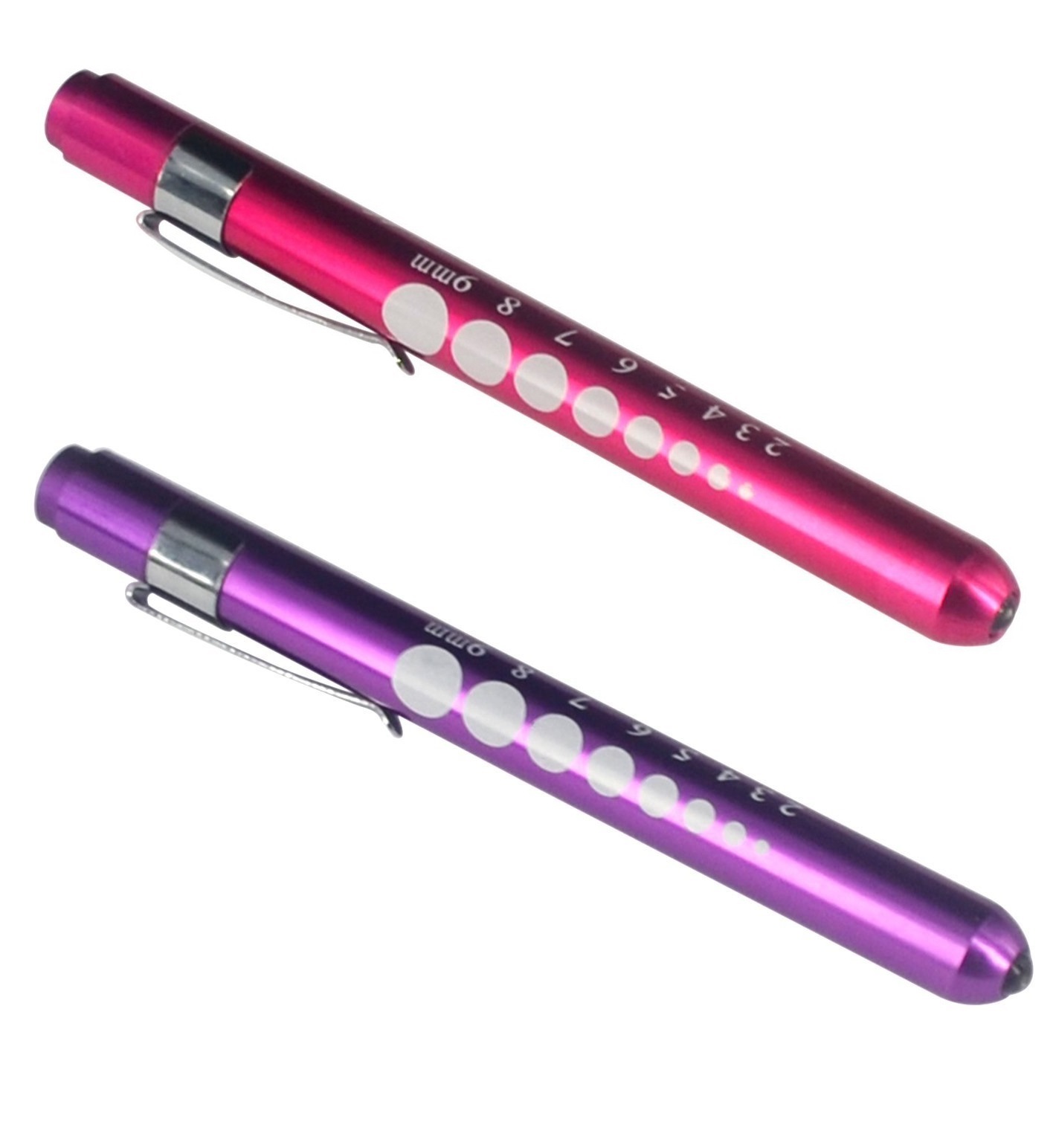 Set 2 PINK PURPLE Aluminum Penlight Pocket Medical LED with Pupil Gauge Reusable