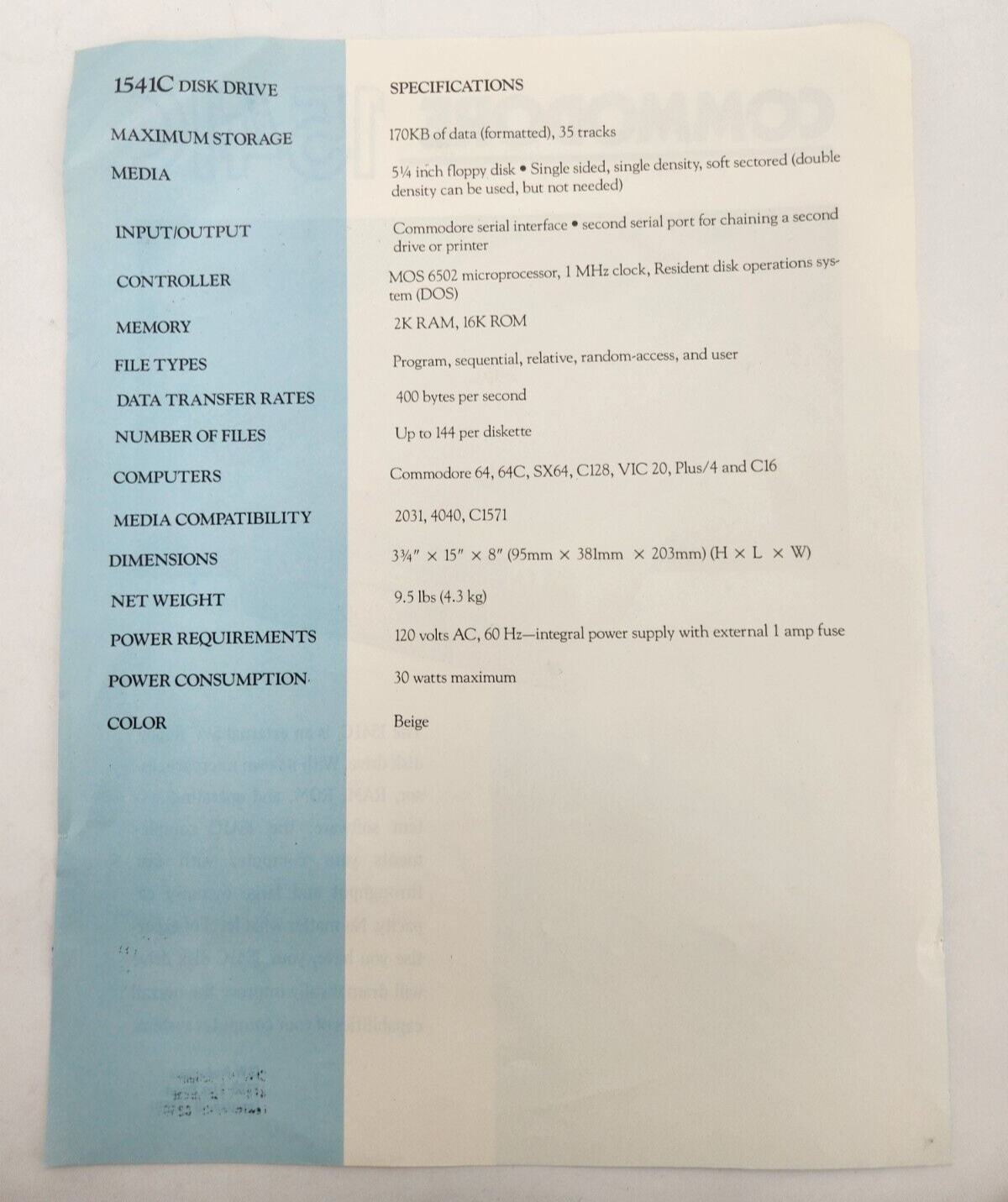 Commodore 1541C Drive specifications sales sheet Vintage computer Advertisement
