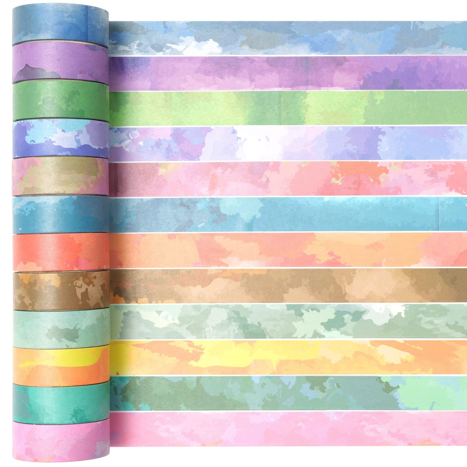 YUBX Watercolors Washi Tape Set 12 Rolls Pastel Colors Masking Macaron Graphi...