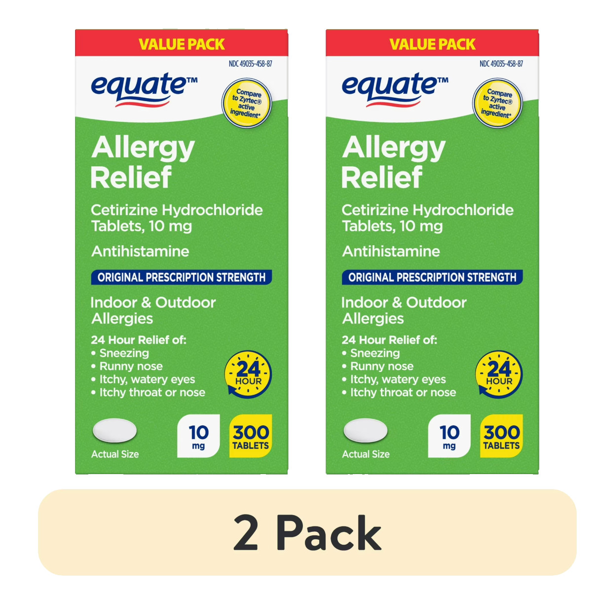 Equate Allergy Relief Cetirizine 10mg 2x300 Tablets 2 Pack 24HR Antihistamine
