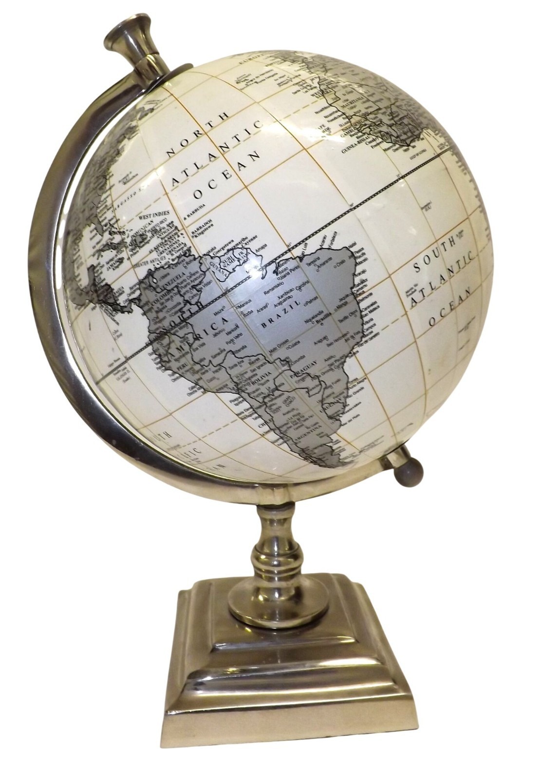 World Globe White Silver Stand, 12" Earth Modern Desktop Office Desk Decor Nice