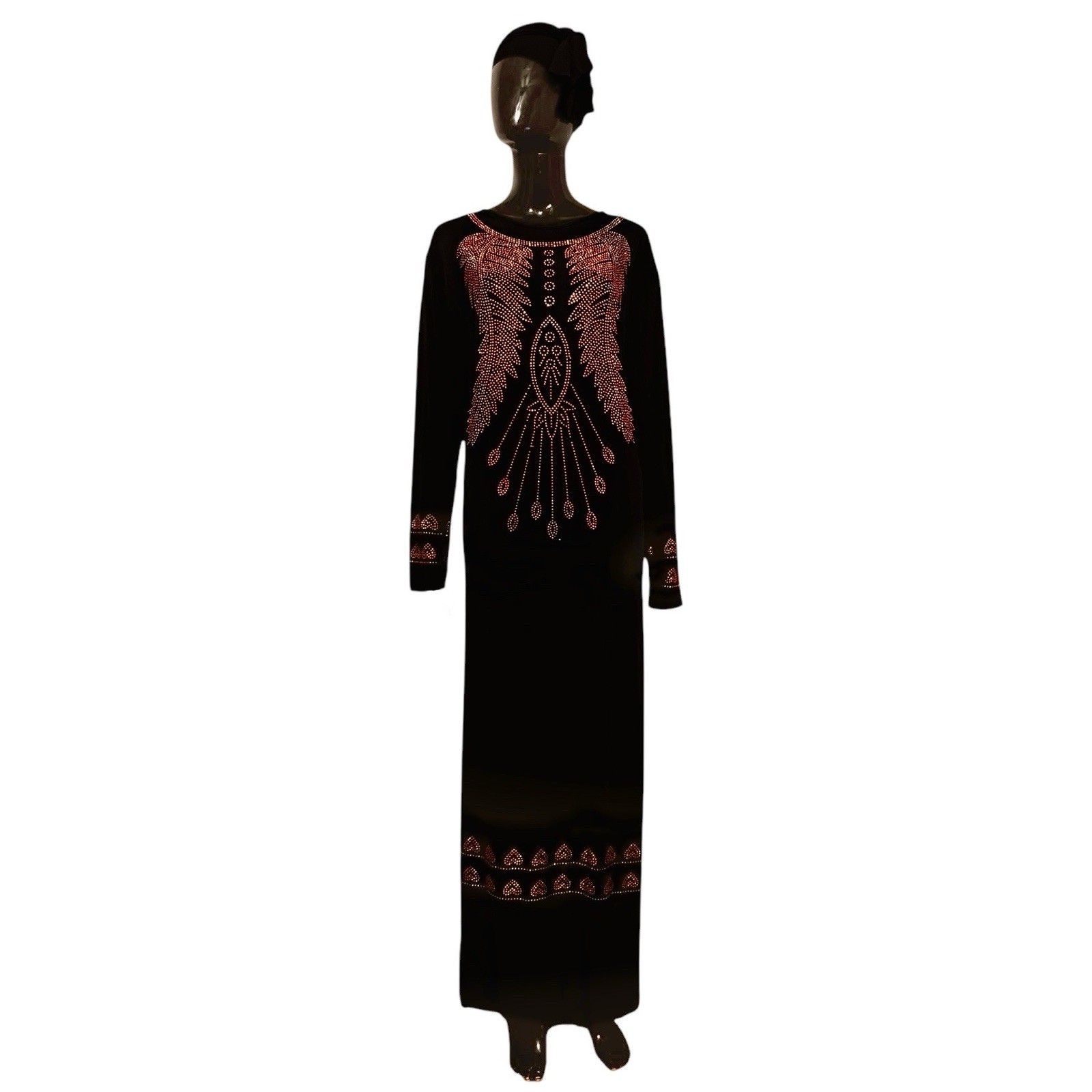 Long Black Stretchy, African Dress With Gold Embroidered Metal Detail