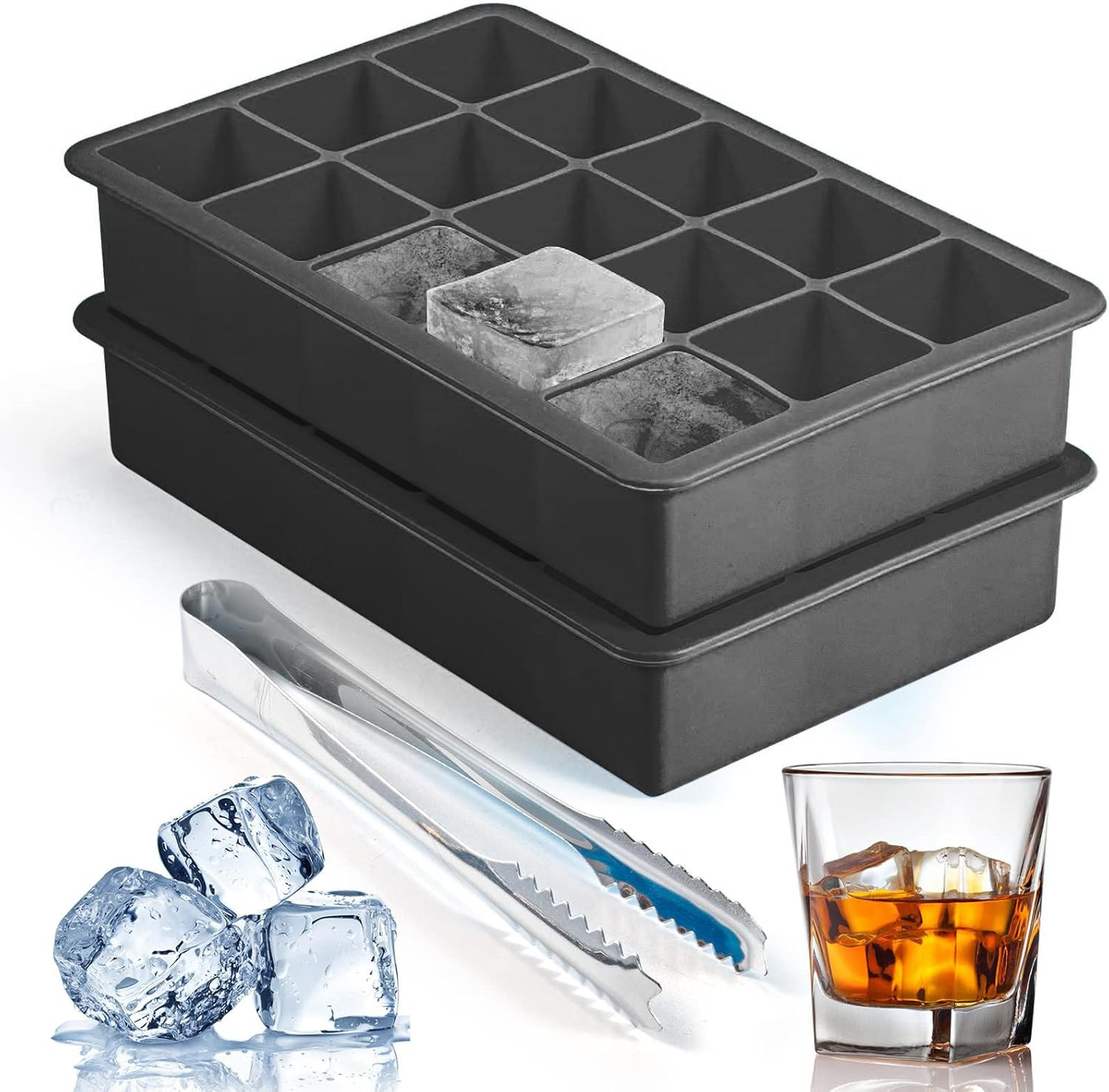Silicone Ice Cube Trays for Freezer 2 Pack, Easy Release Square Ice Cubes Mold,