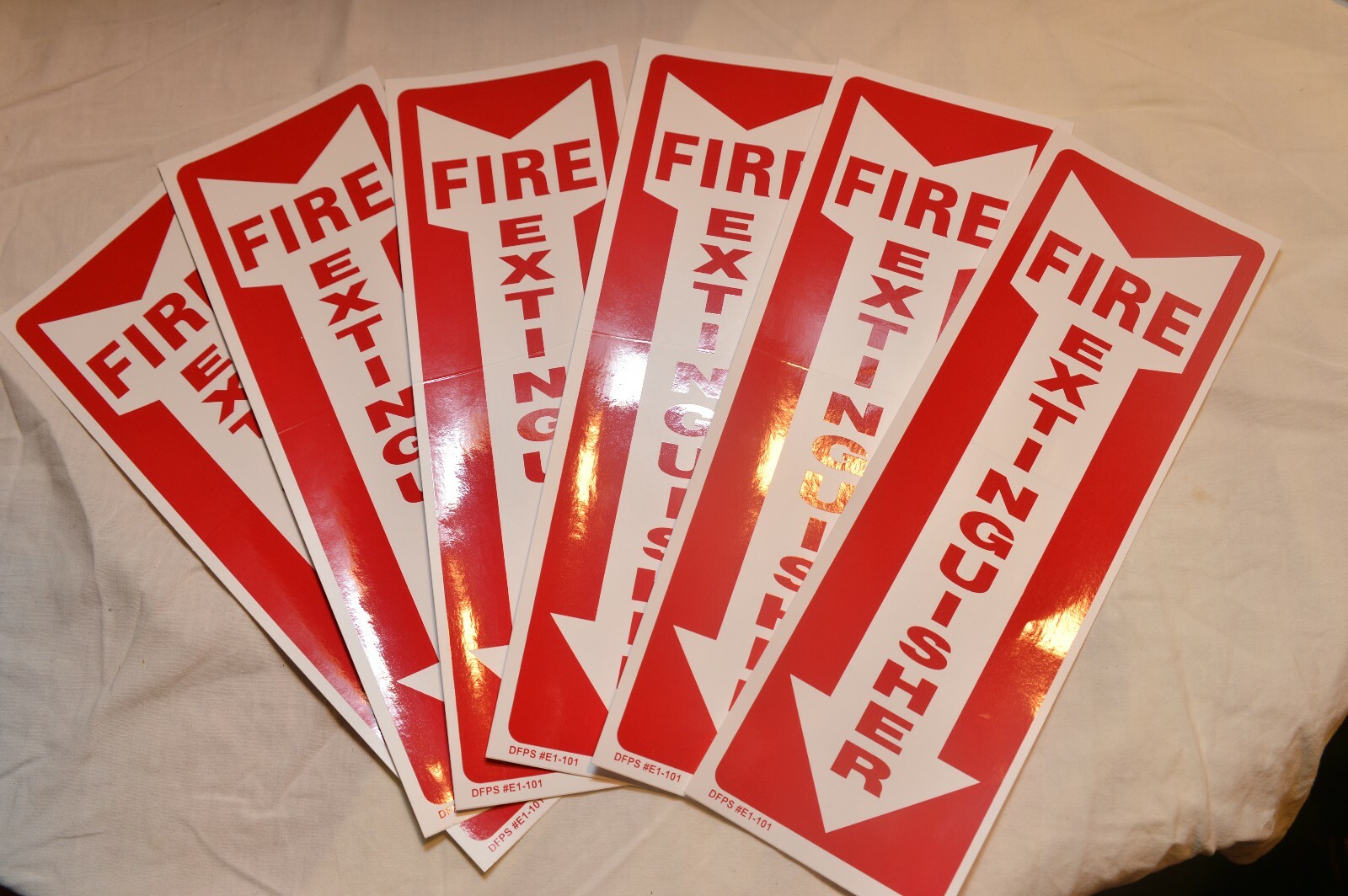 🎯 (6) SELF-ADHESIVE VINYL (4"X12") "FIRE EXTINGUISHER ARROW" SIGNS..NEW