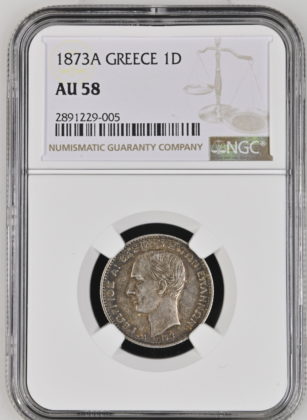 1873A Greece 1 Drachma AU 58 NGC Graded