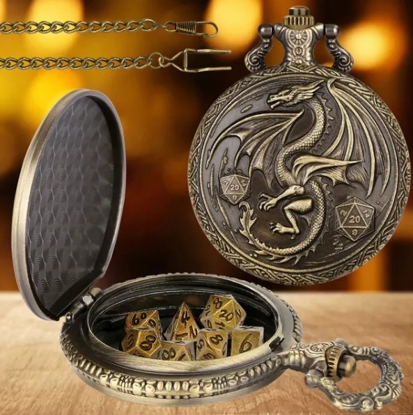 TEG - Bronze Dice Dragon Pocket Watch Keychain w/ Mini Polyhedral Set New Specia