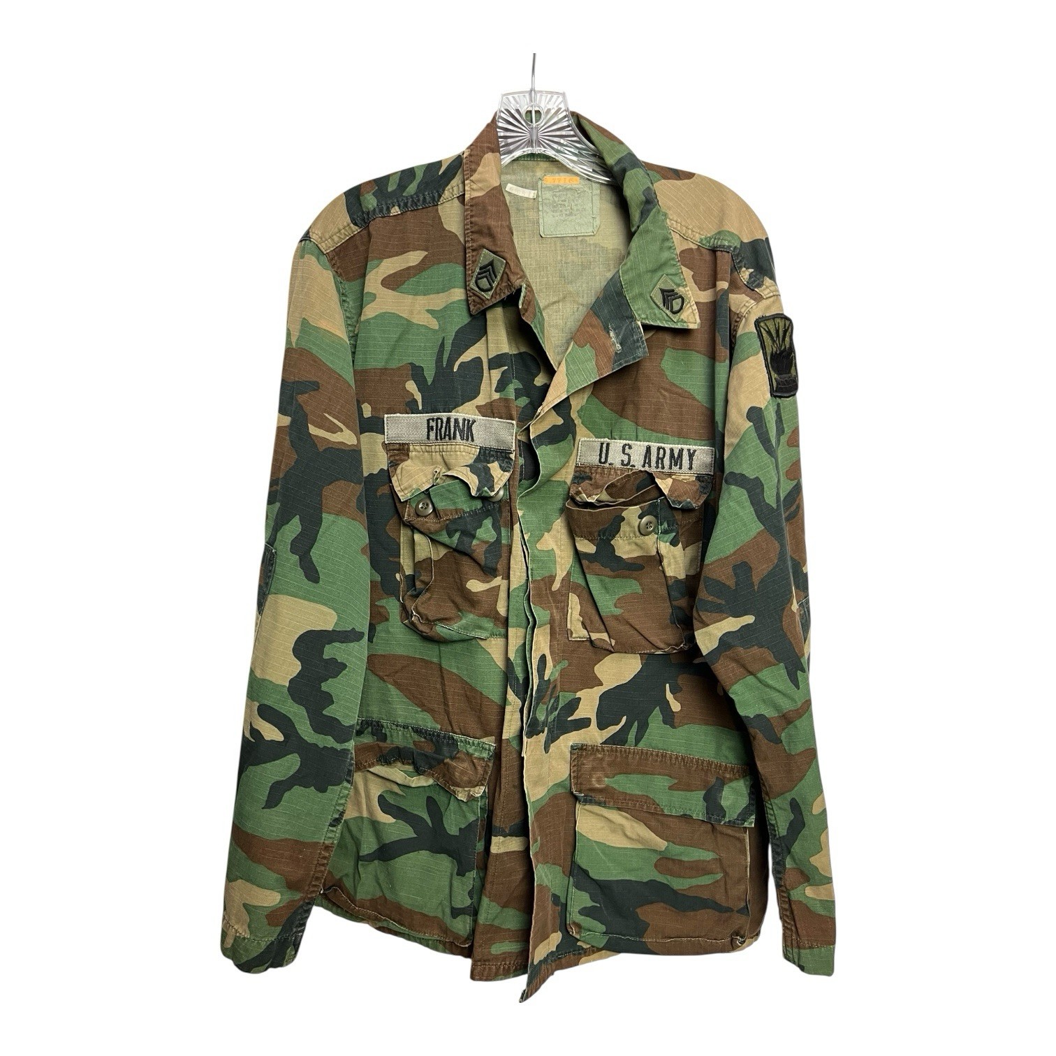 Vintage US Army Woodland Camo Jacket Hot Weather Coat Sz L  Patches