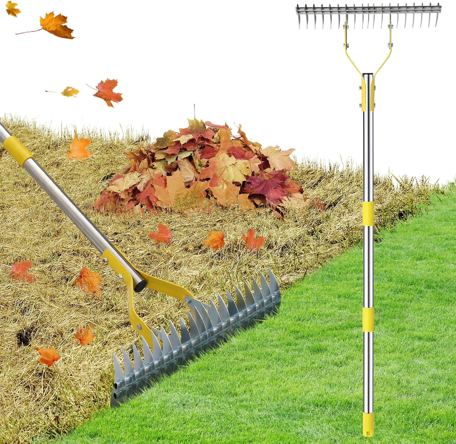 Thatch Rake, 2 in 1 Stainless Steel Garden Rake for Thatch Leaves,55” Heavy Duty