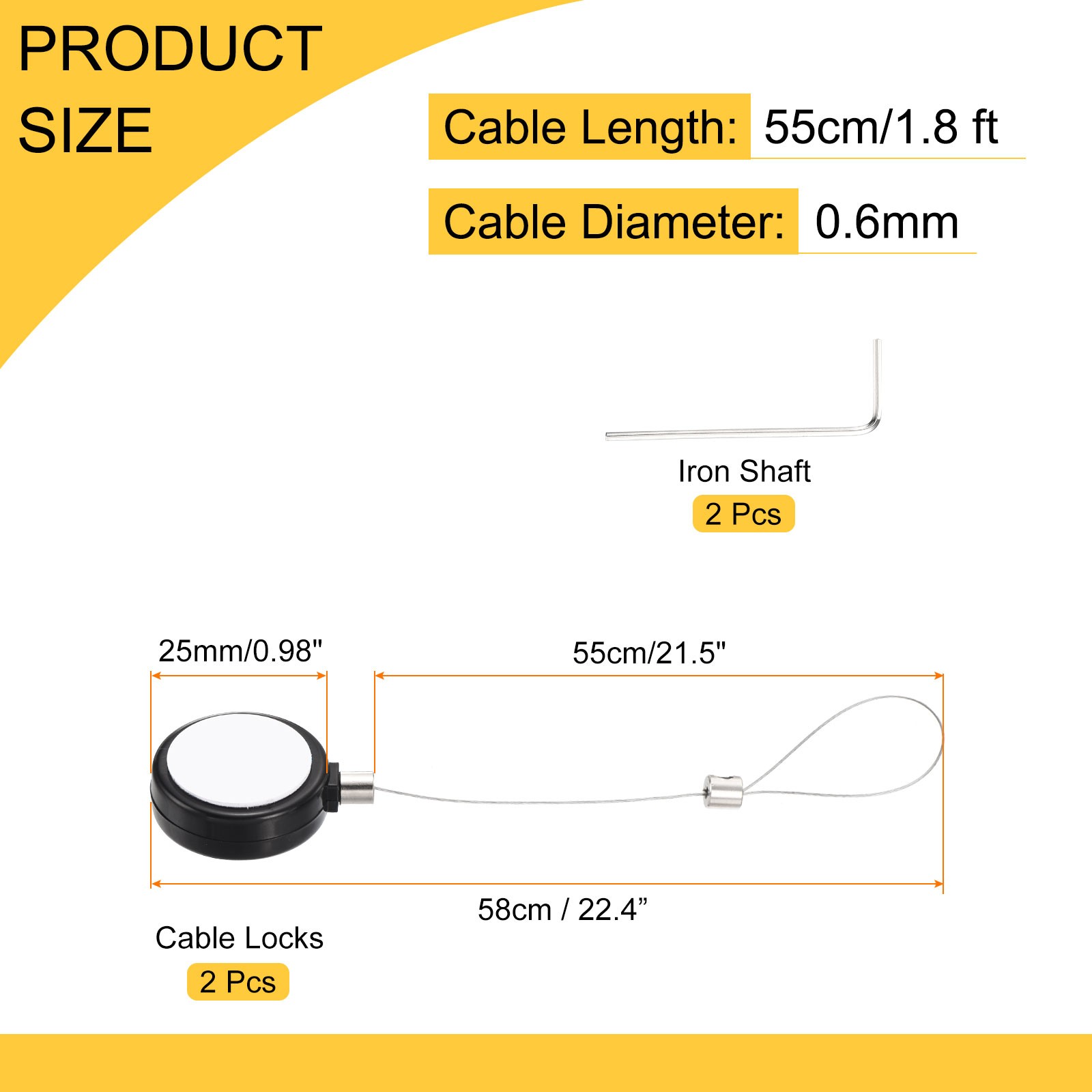 1.8ft Retractable Cable Security Lock with Latch Wrench, Black, 2 Pack