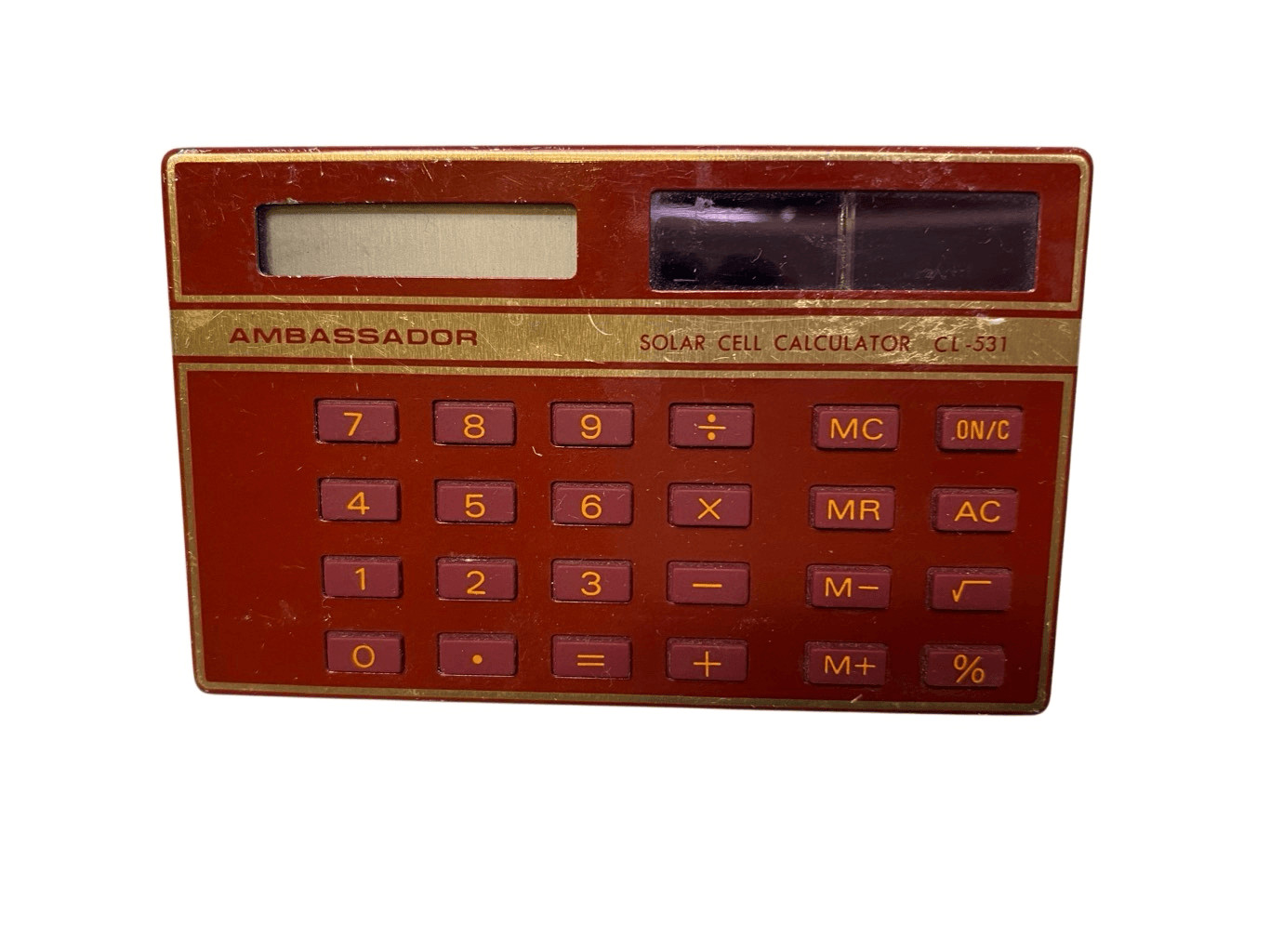 Ambassador CL-531 Vintage Red Solar Calculator Gold Trim Retro 1980s Collectible