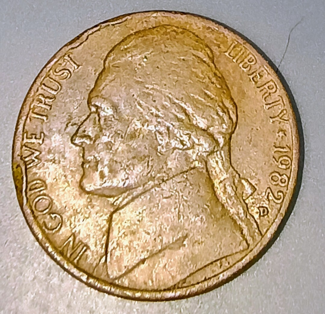 1982 d ERROR RED Off Metal Jefferson Nickel on Cent Wrong PLANCHET Coin