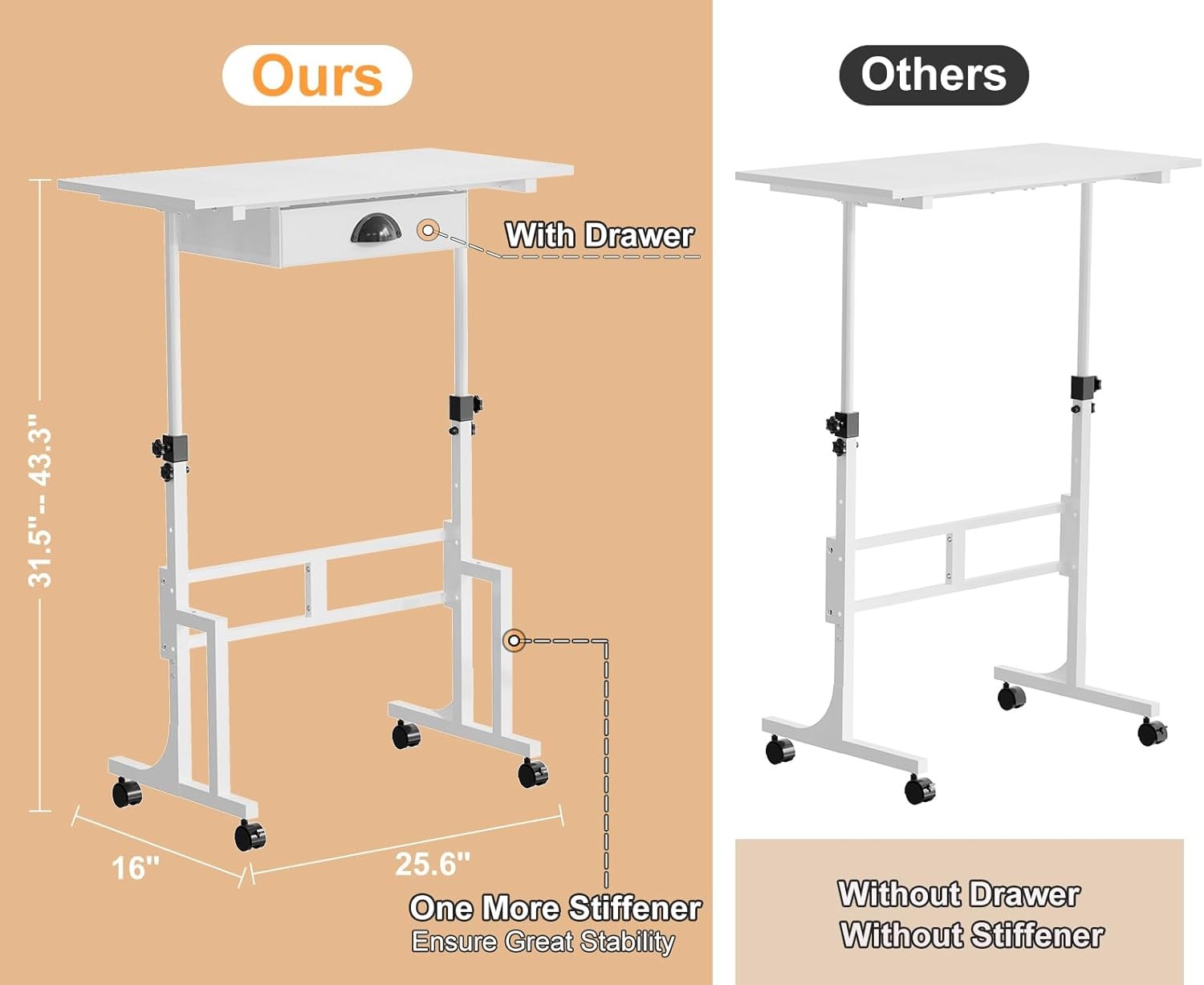 Adjustable Height Standing Desk W/ Drawer Rolling Sit Stand Up Desk W/ Wheels