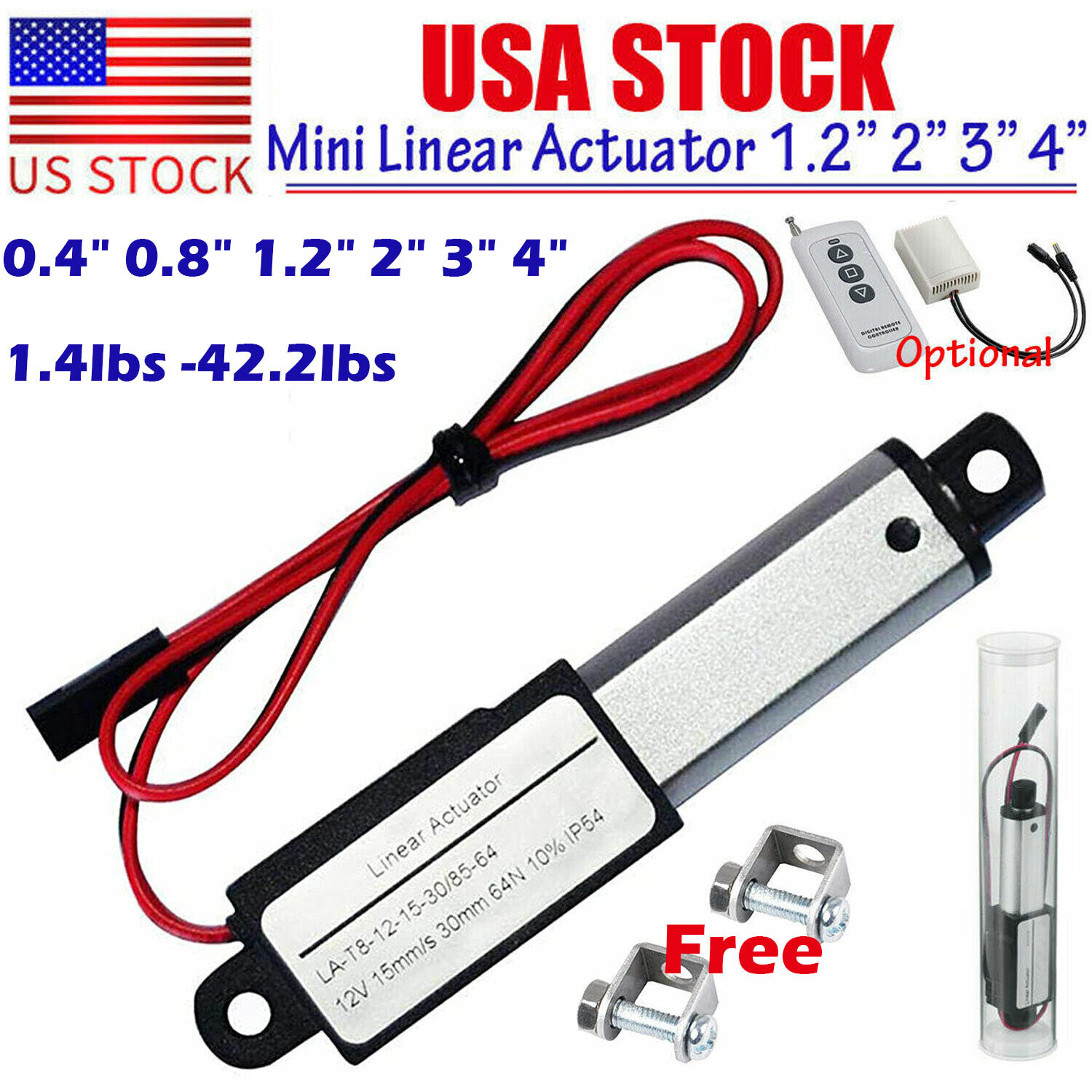 Micro Linear Actuator 12V 1.2" 2" 3" 4" Fast Speed 1.4lbs - 42.2lbs w/ Remote