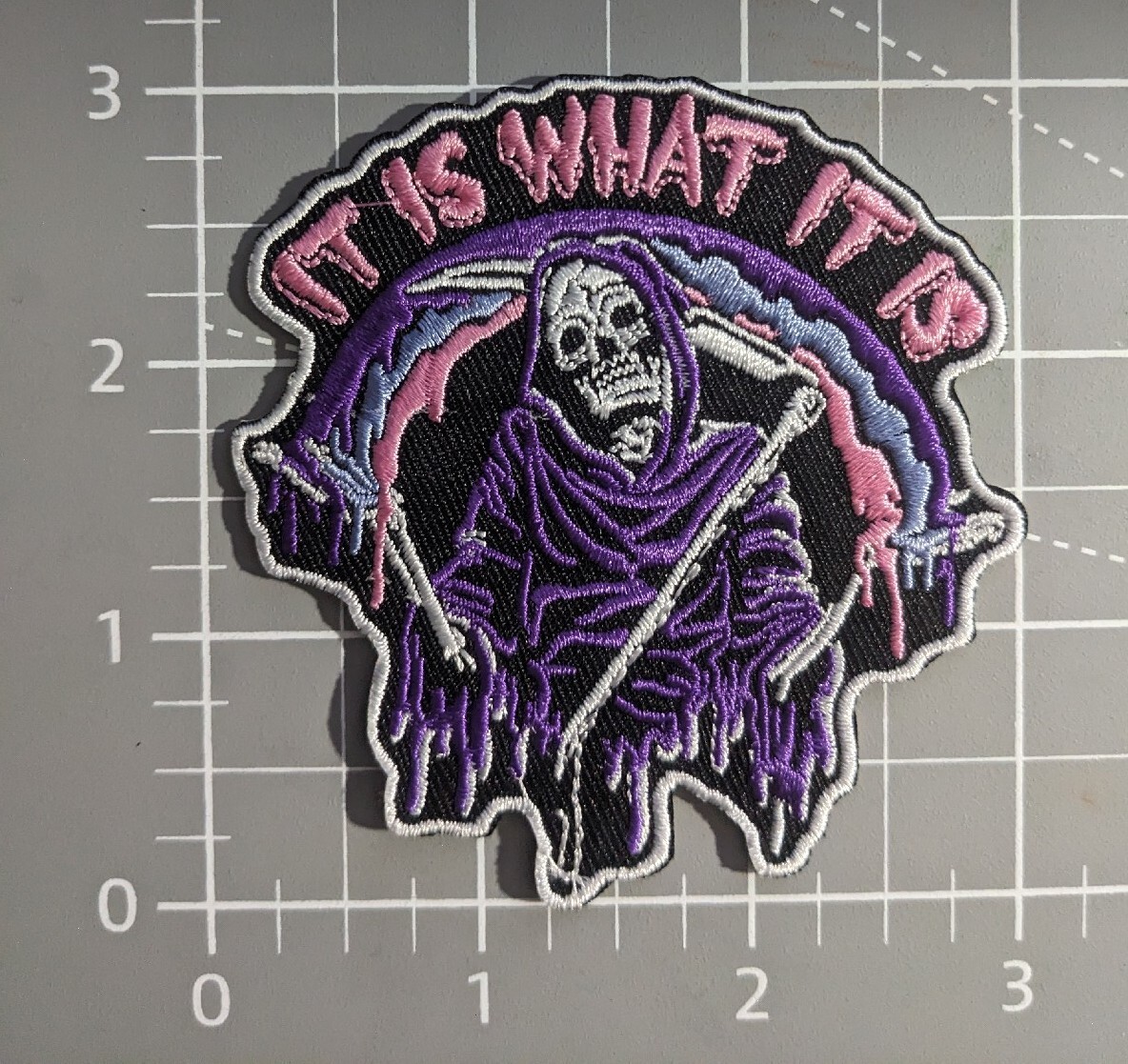 It Is What It Is Shrugging Grim Reaper Patch Embroidered Iron On Patch 3x3"