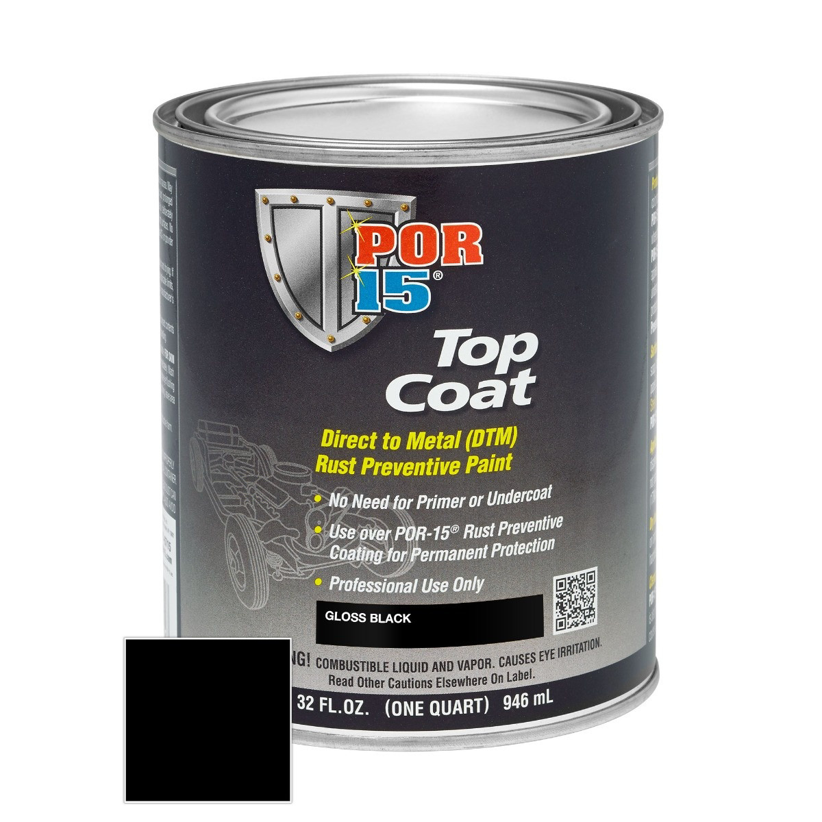 POR-15 INC 45808 Top Coat DTM Paint, 1 pt Can, Gloss Black, Liquid, 30 to 60 mi