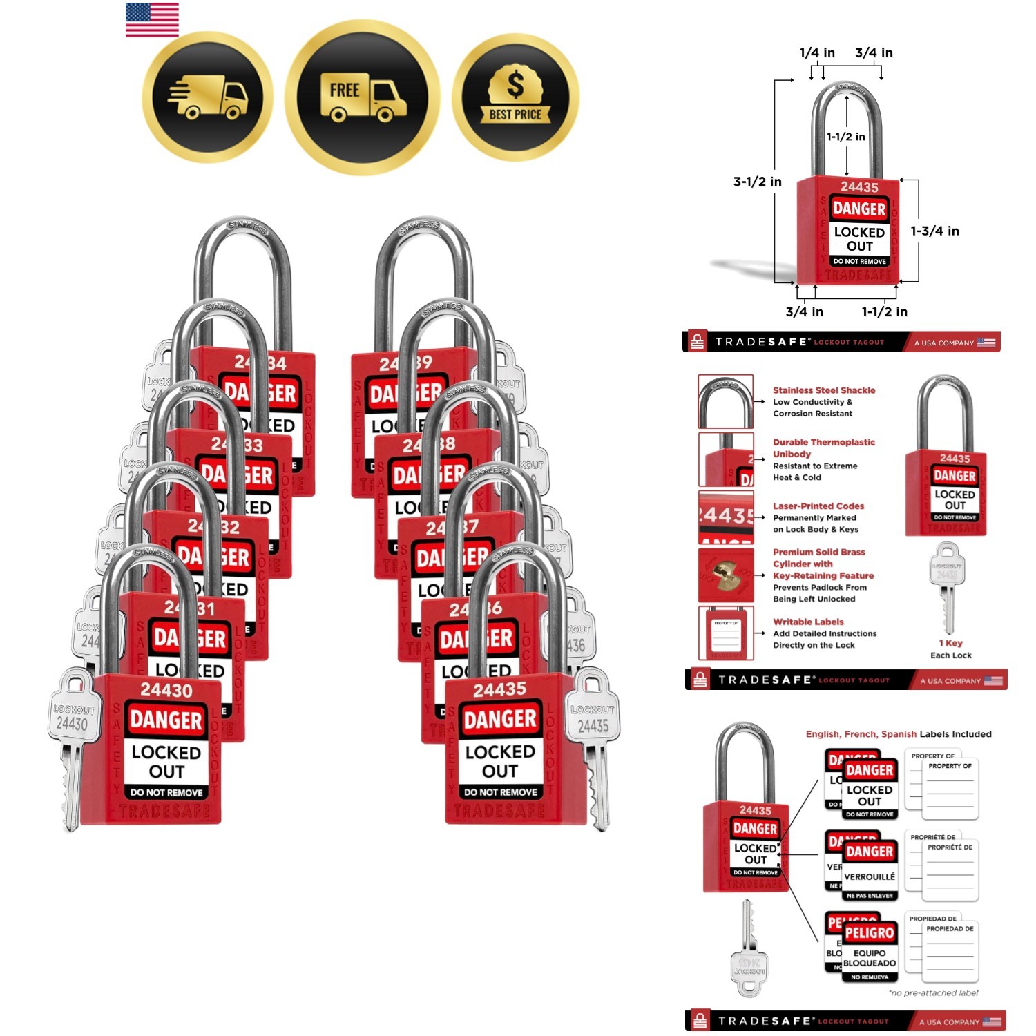 Lockout Tagout Locks Set - 10 Red Loto Locks, Lockout Locks Keyed Different, ...