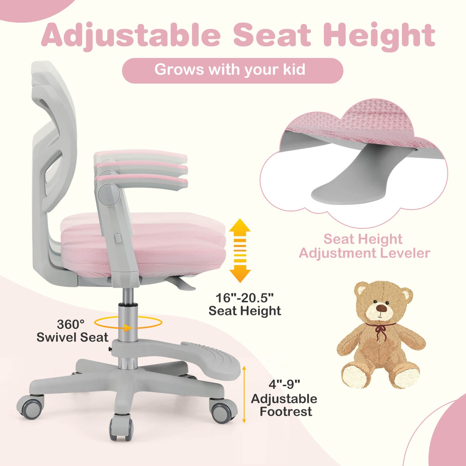Kids Desk Chair Children Study Chair w/Adjustable Height, Armrest & Footrest