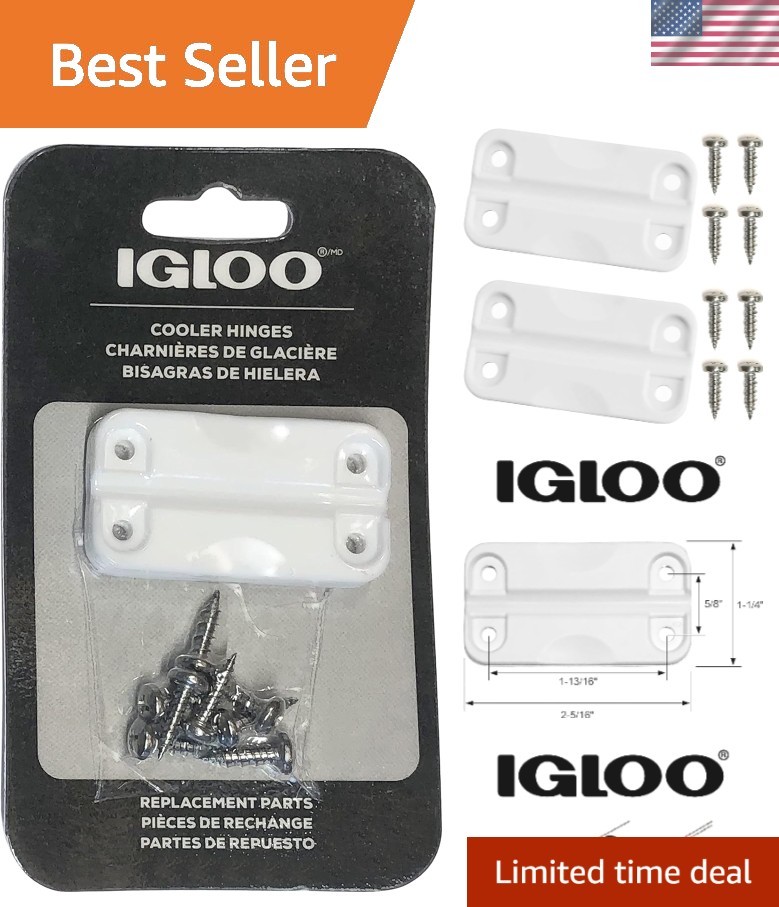 Standard Size White Plastic Hinges for Coolers - 1 Pair with Stainless Screws