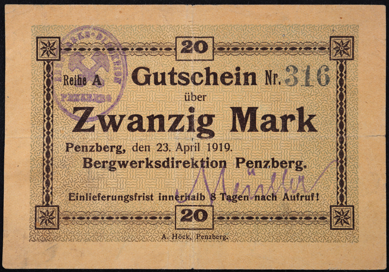 PENZBERG 1919 "Bergwerksdirektion" Rare 20 Mark Reihe A w/sig Grossnotgeld