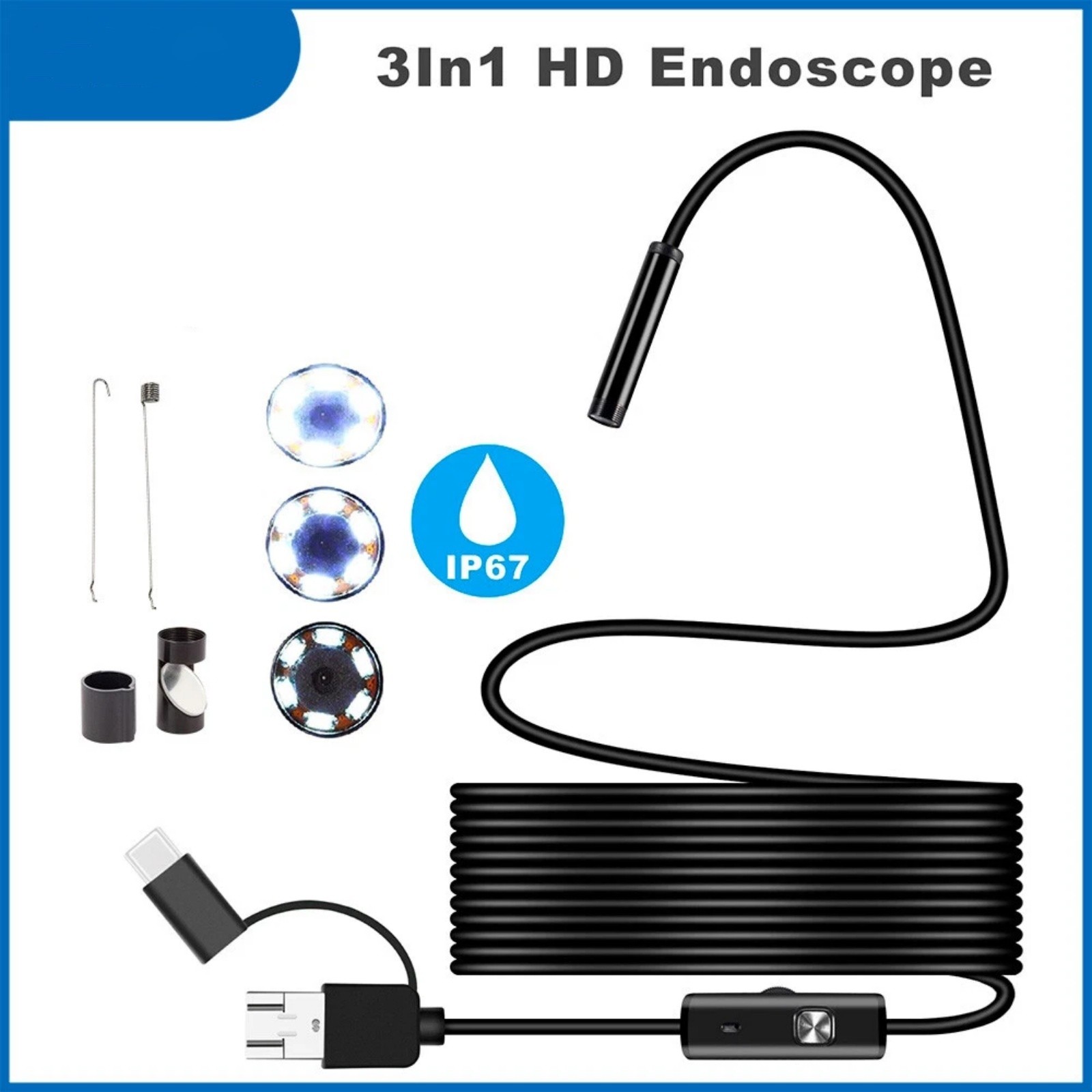 2M Inspection Camera Endoscope 6 LED for Android Type-C USB 7mm Waterproof