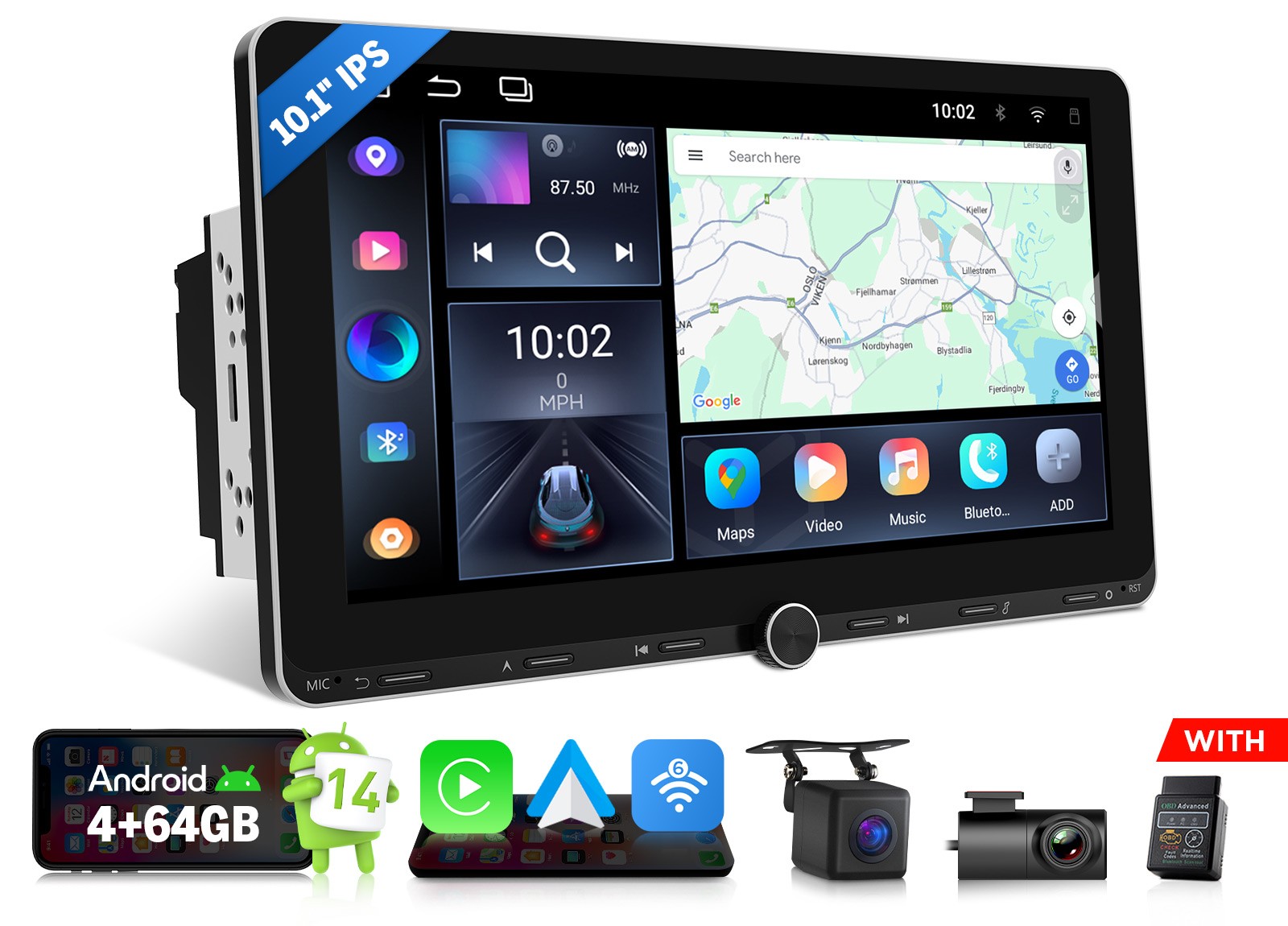 10.1" IPS Android 14 4+64 Double 2DIN GPS CarPlay Car Stereo Multimedia Player