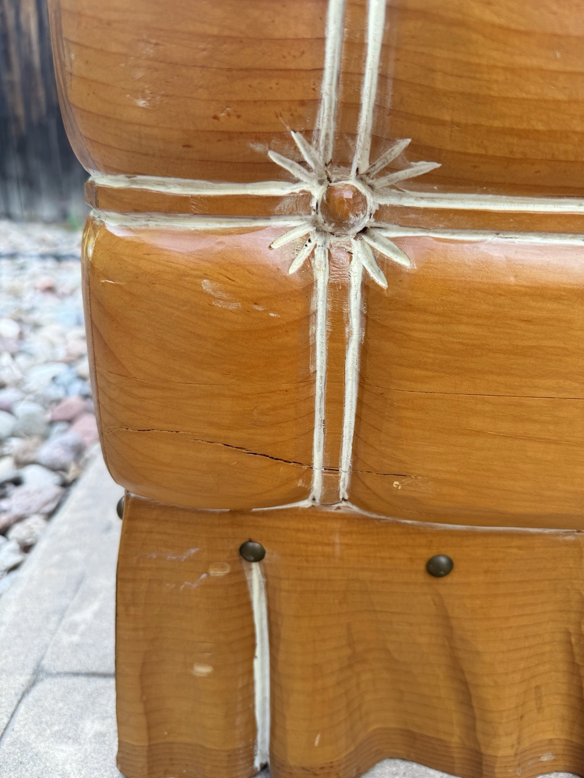 Rare 1970s Spanish Solid Pine Whimsical Chest with brass nailhead designs