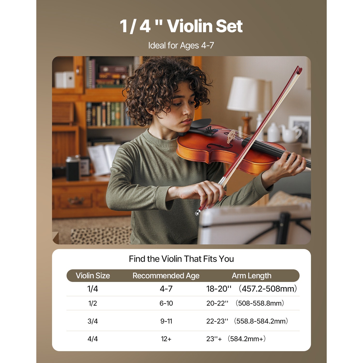 Violin 1/4 Size Fiddle Set Solidwood for Beginners with Case Rosin Brown