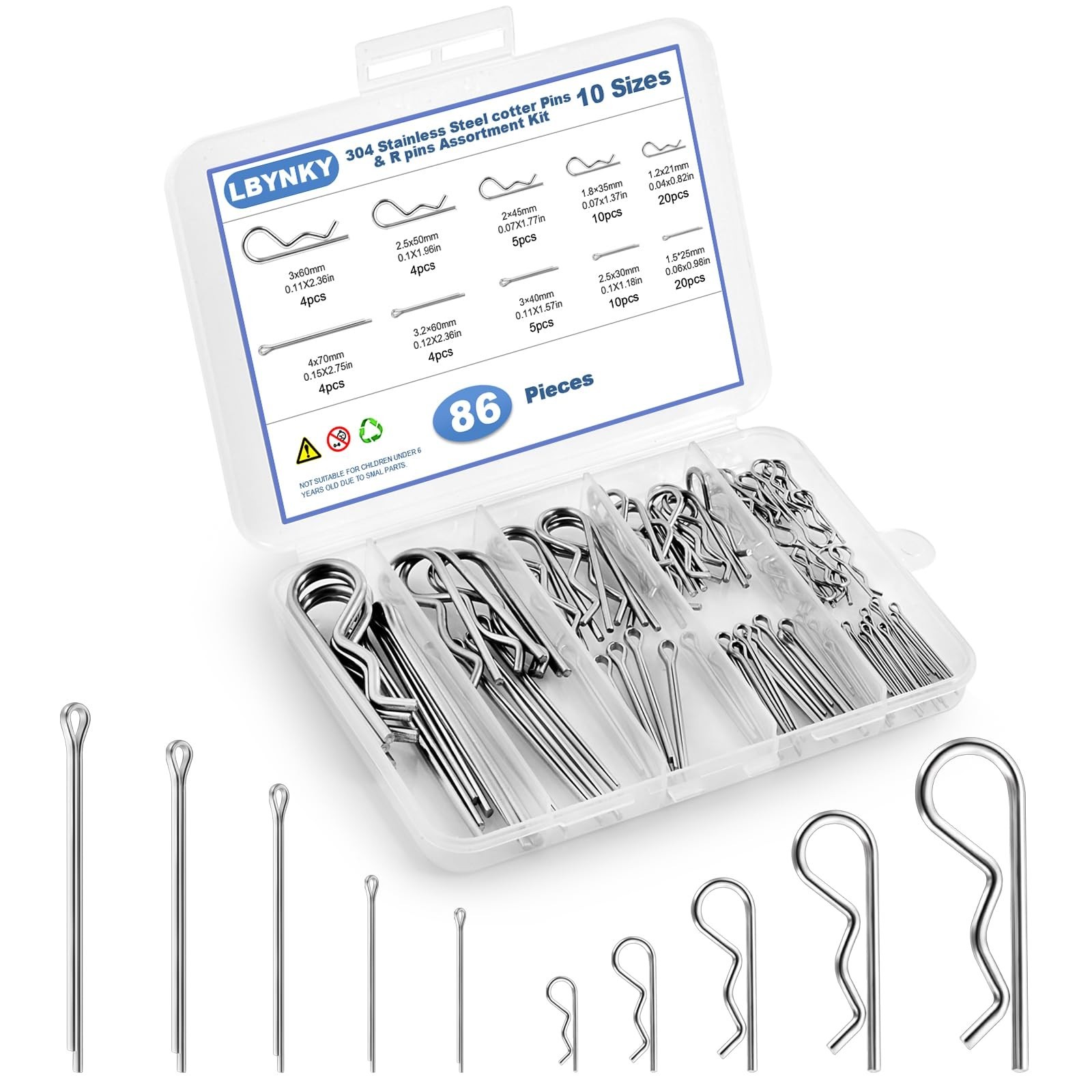 86 PCS Cotter Pin Assortment Kit, 10 Sizes Stainless Steel Cotter Pins & R Cl...