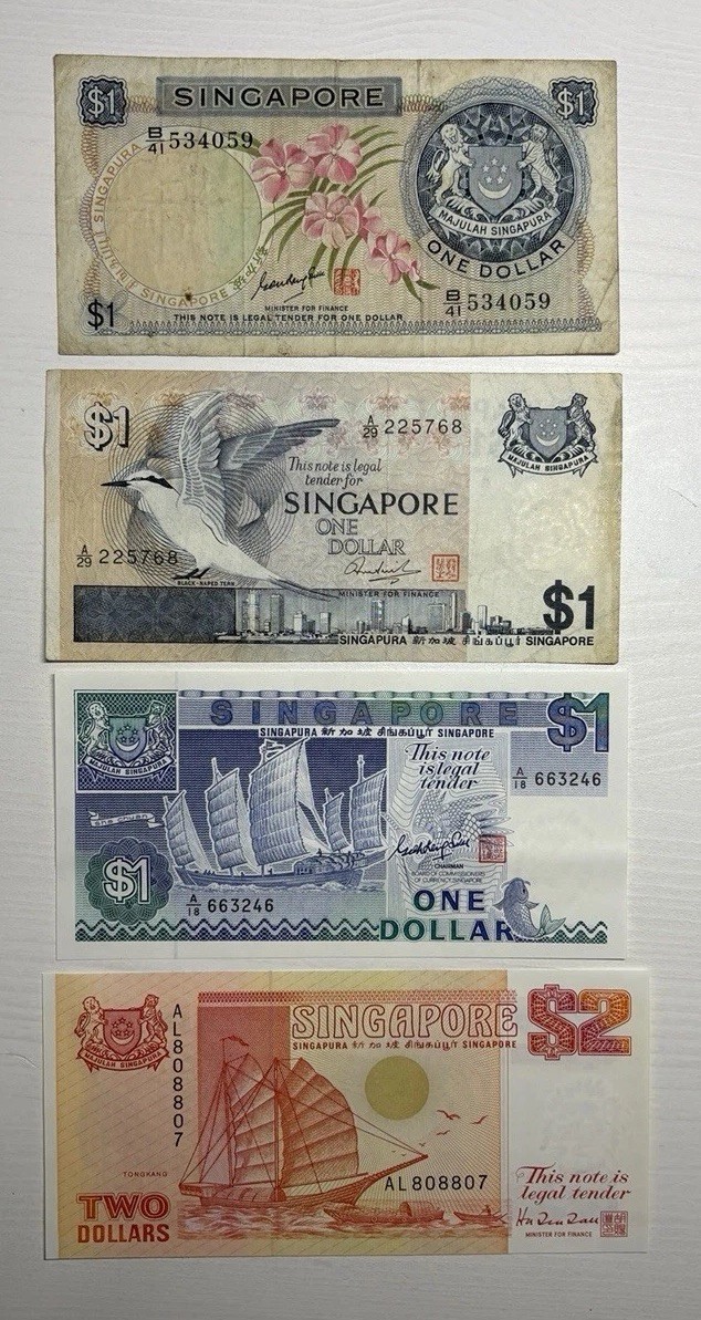 Singapore $1 & $2 Banknotes (Lot of 4) Mixed Designs and Years
