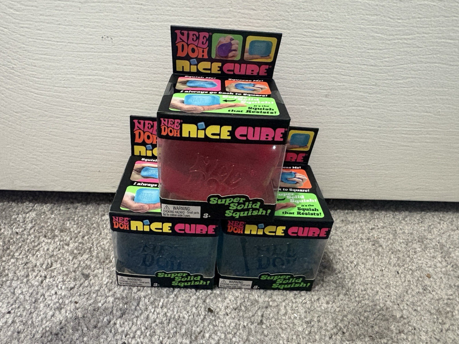 Lot Of 3 Nee Doh Nice Cube Super Solid Squish! Needoh 2x Blue Pink Brand New