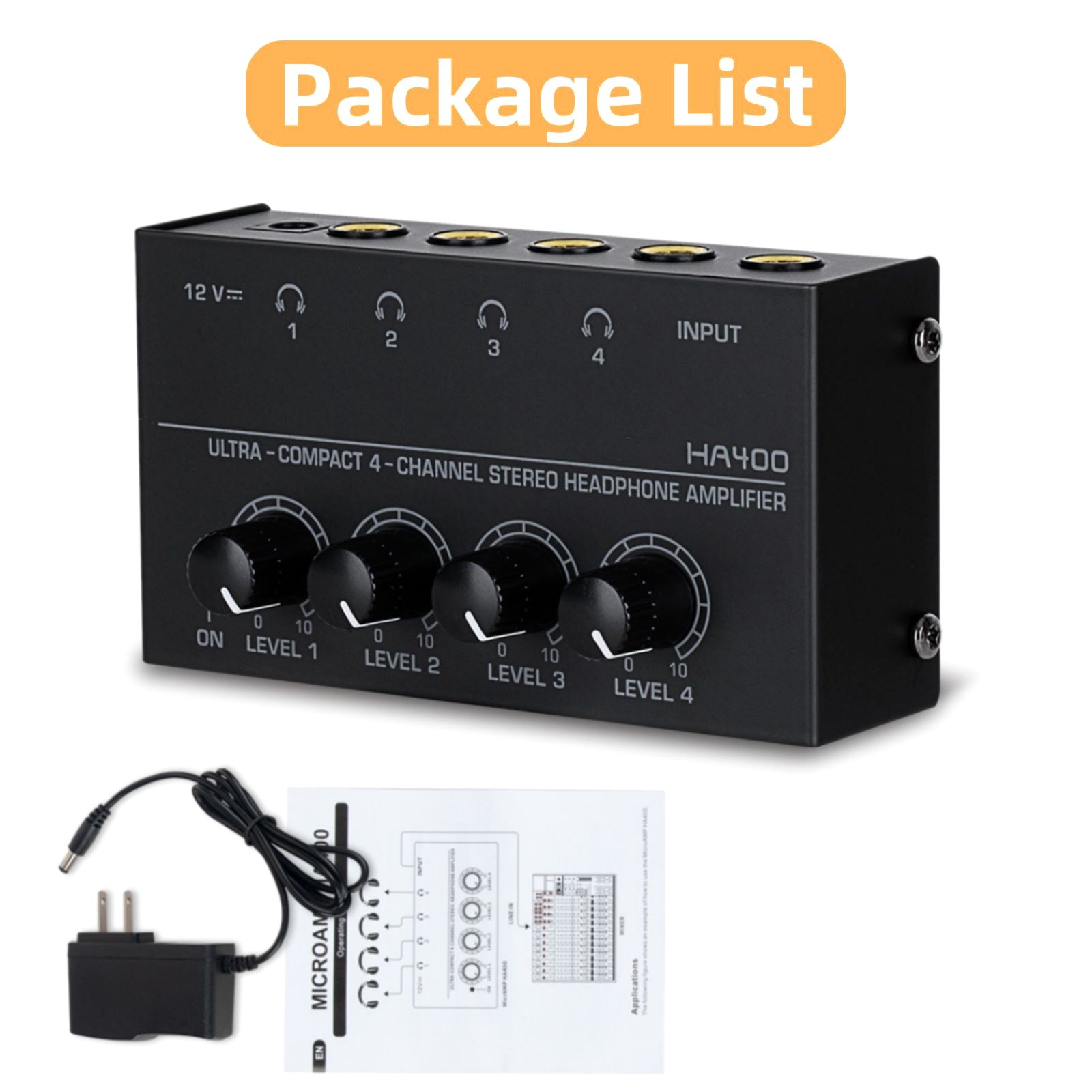 4 Channels 12V Black Mini Stereo Headphone Ultra-Compact Audio Amplifier
