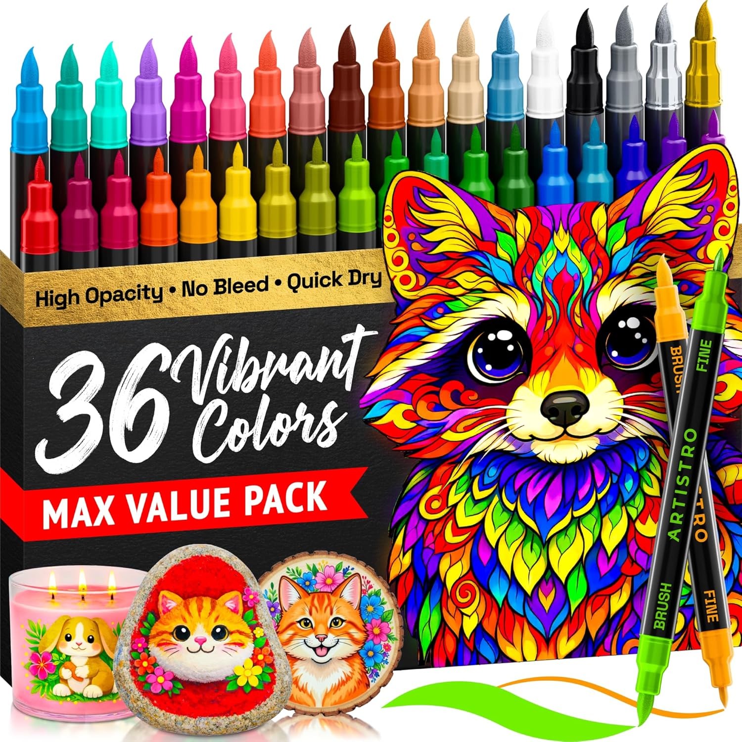 36 Acrylic Paint Markers - Paint Pens for Drawing, Brush + Fine Tips - For Fabri