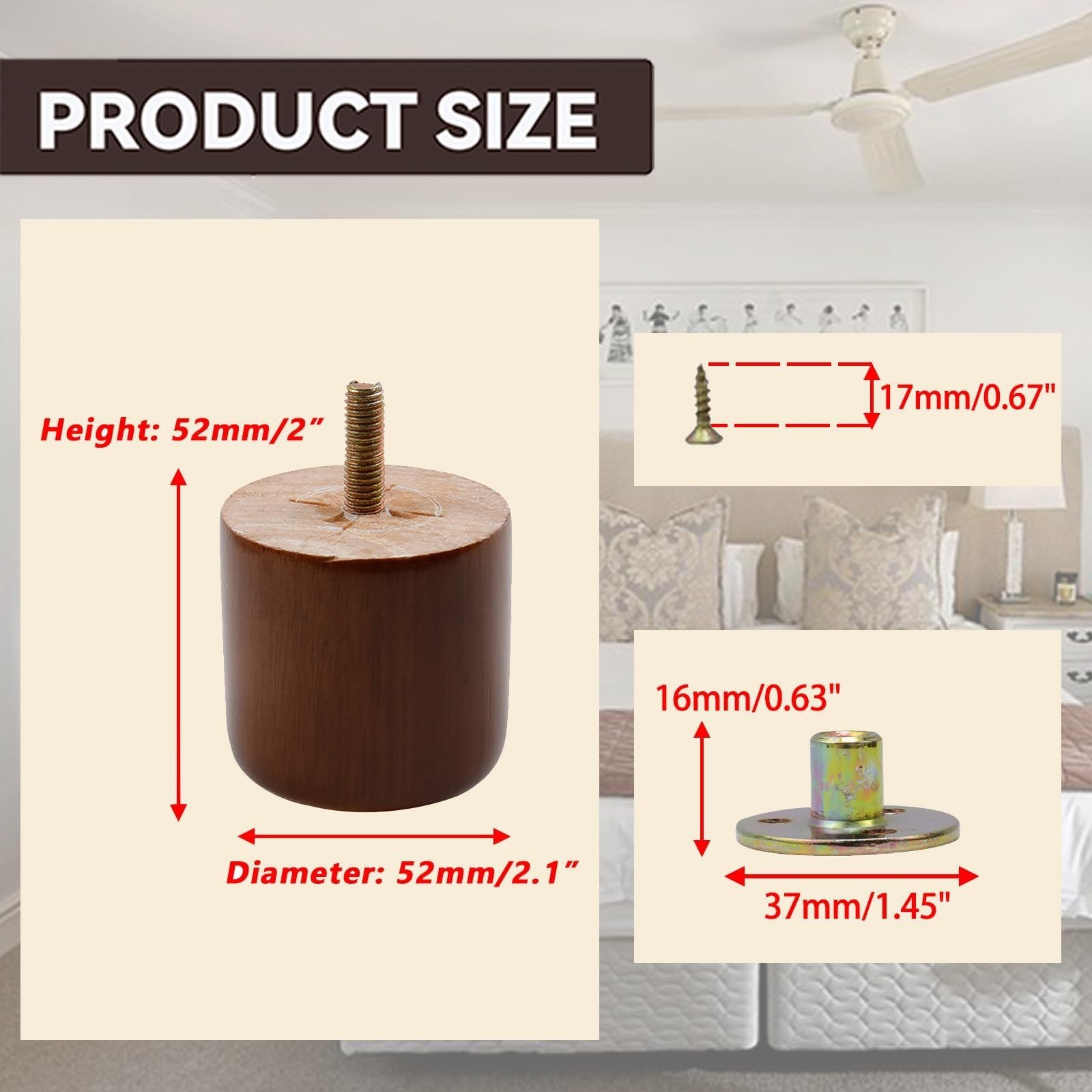 Round Wooden Furniture Legs 2 Inch Wooden Replacement Legs for Furniture Sofa...