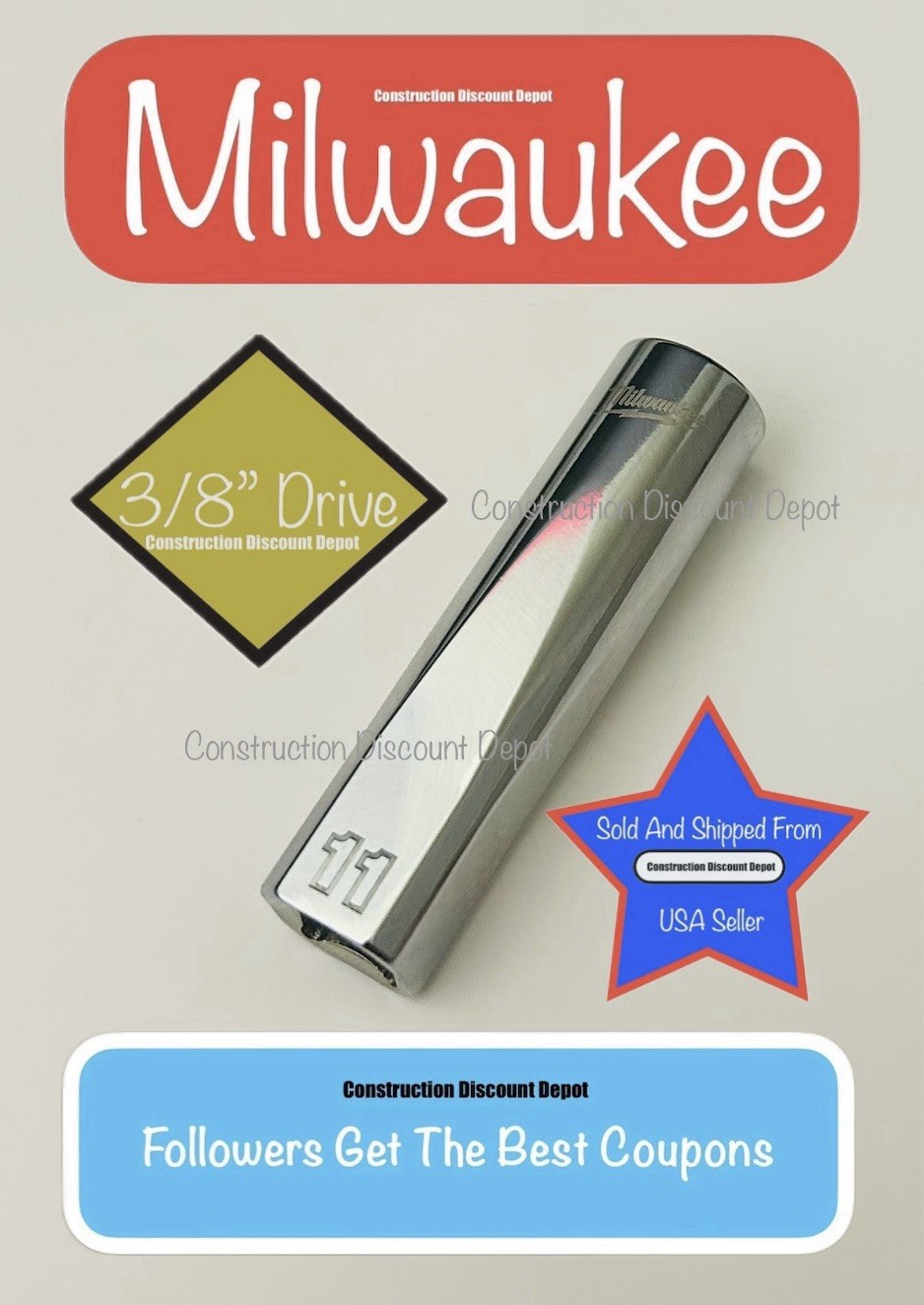 Milwaukee 45-34-9094 3/8" Drive 11mm Metric Deep Socket 11 mm