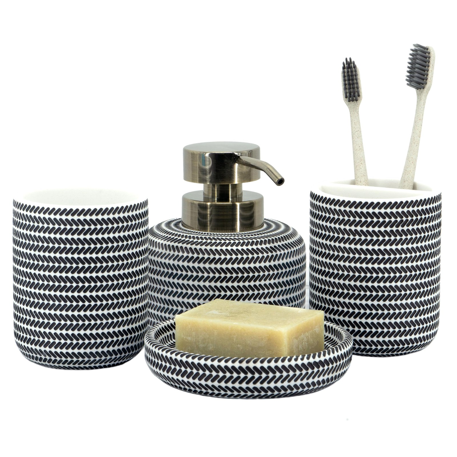 Black And White Bathroom Accessories Set 4 Pieces Toothbrush Holder Soap Dispens