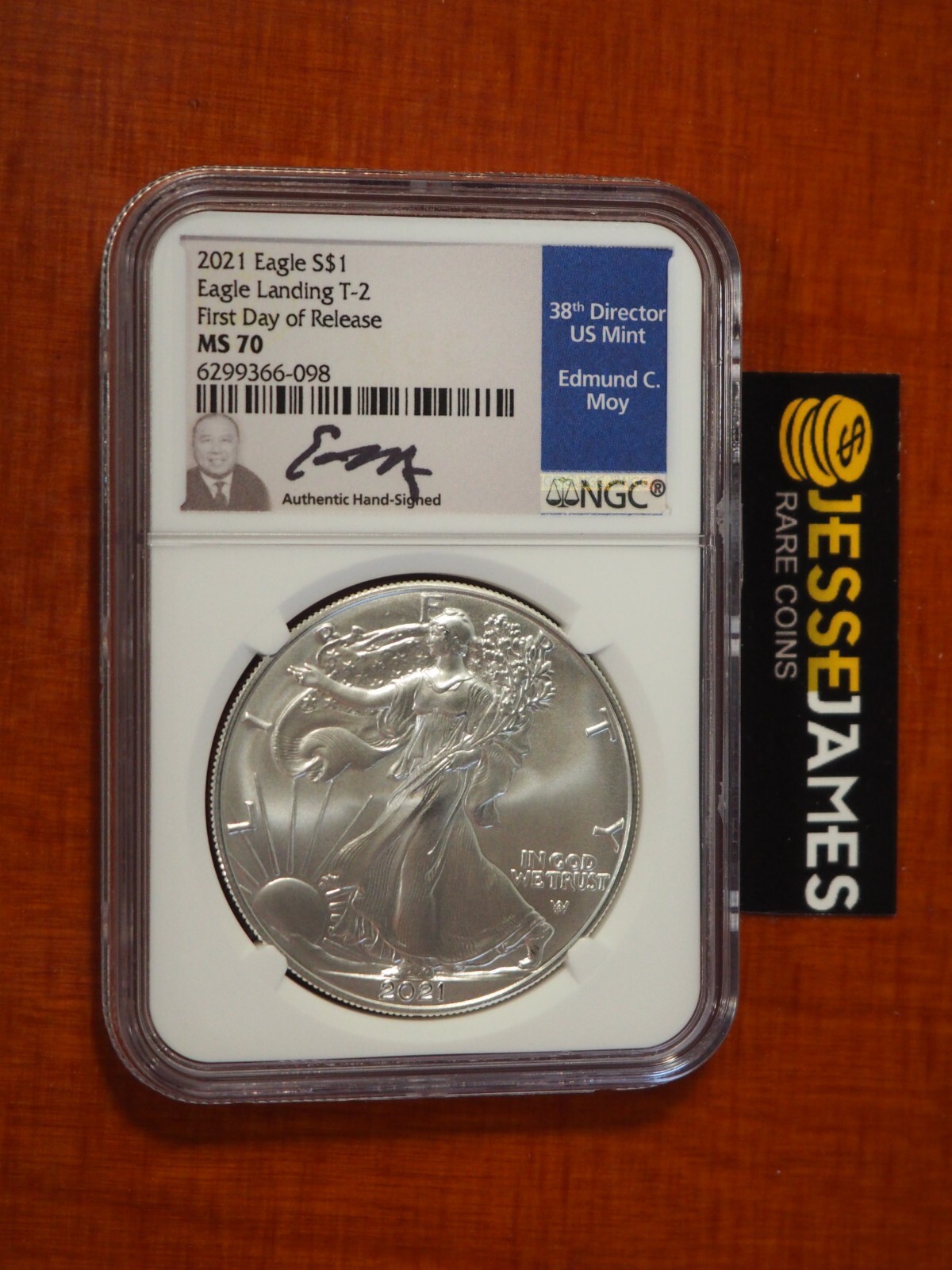 2021 SILVER EAGLE NGC MS70 EDMUND MOY SIGNED FIRST DAY OF RELEASE FDOR TYPE 2