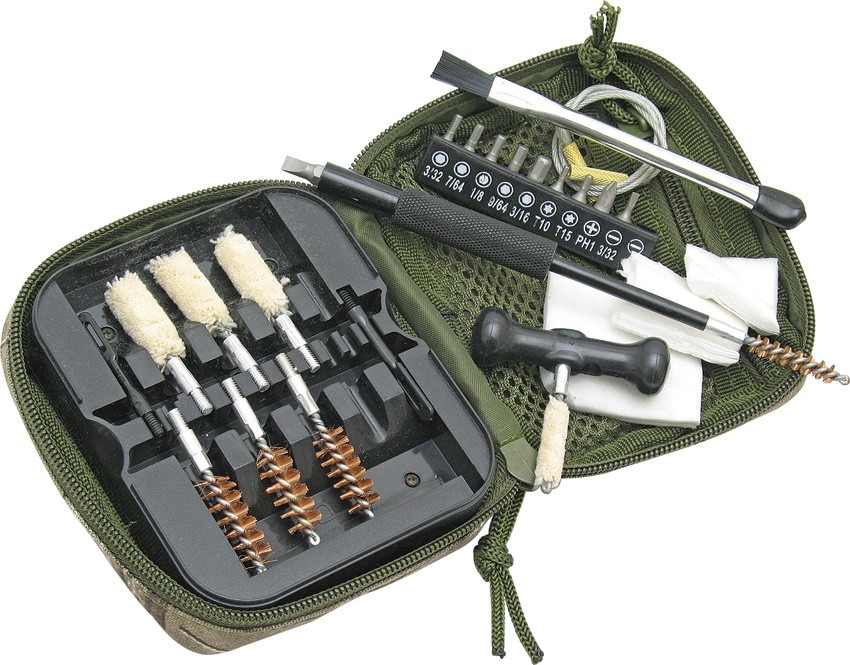Pistol Cleaning Kit Handgun 22,38,40 to 45 Caliber 10, 9mm Camo Storage case
