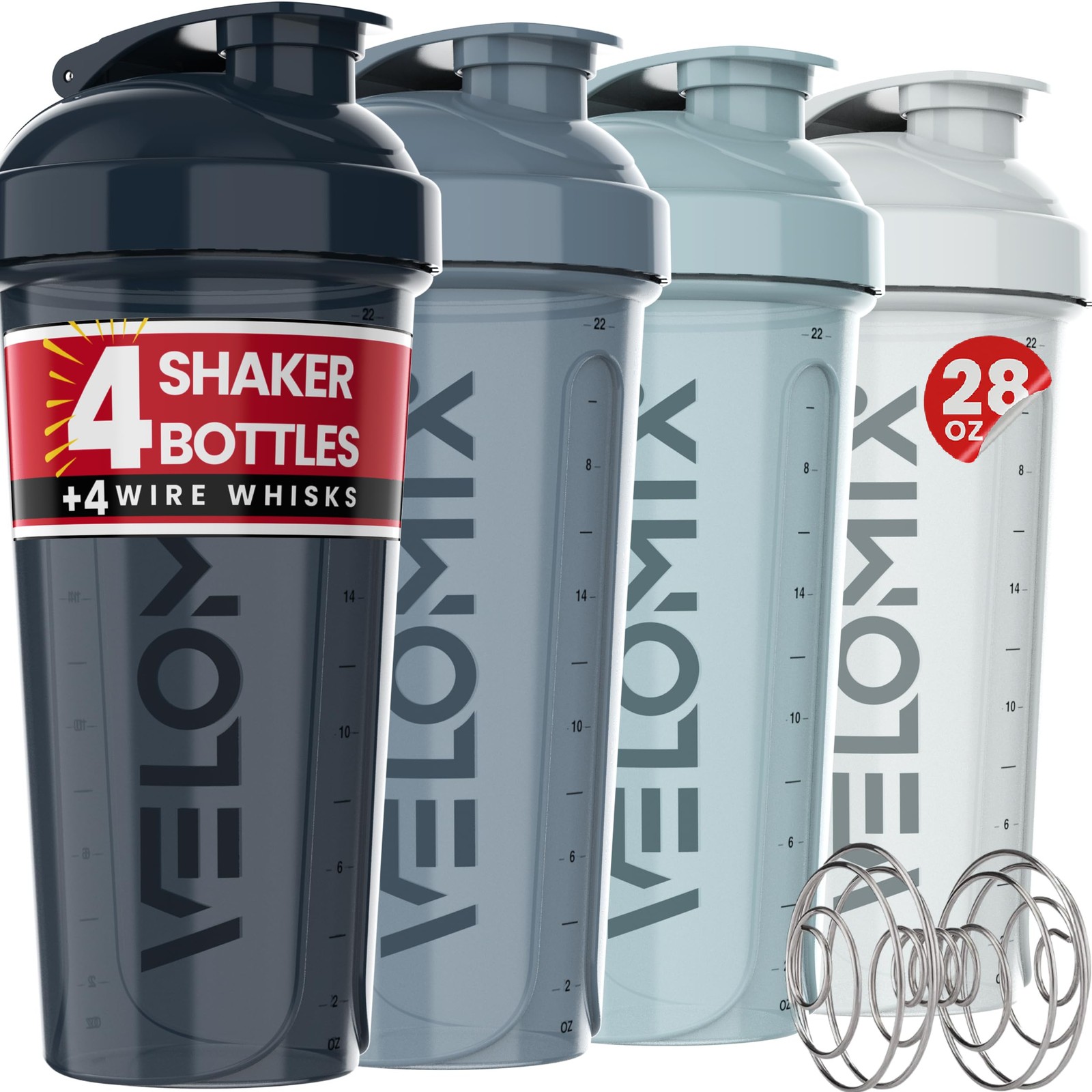 VELOMIX 4 PACK 28 Oz Protein Shaker Bottle for Protein Mixes  4x Wire Whisk |...