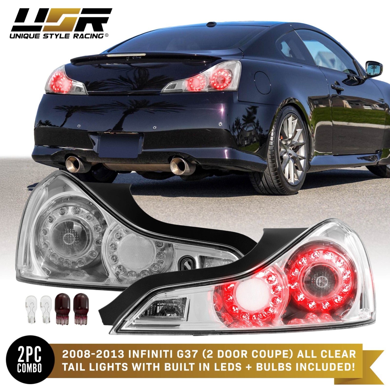 All Clear Tail Light Set Left + Right For 2008-2015 Infiniti G37 / Q60 Coupe 2D