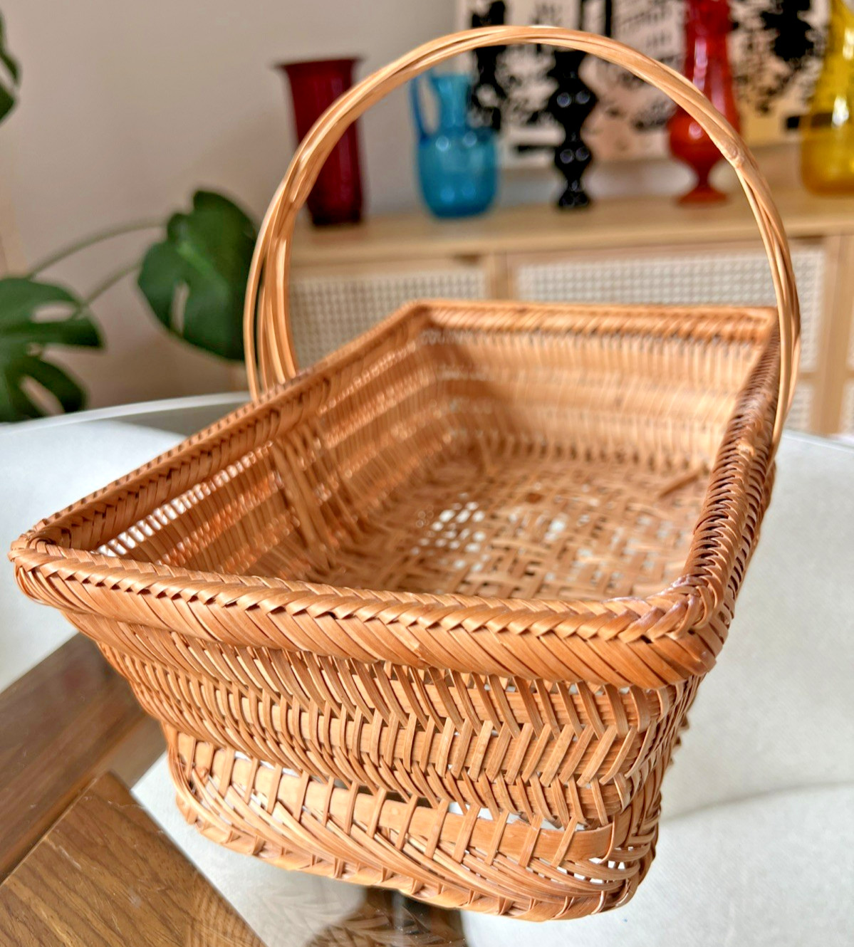 Basket w/ Handle 10" Rustic Farmhouse Tight Weave Rattan Bamboo Boho Decor