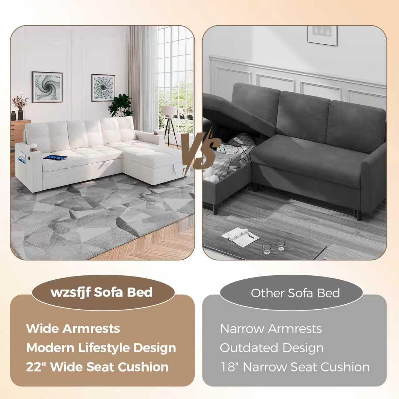 85” 3-in-1 Sofa Bed with Chaise, Charging Station & Cup Holder