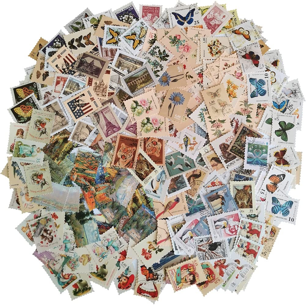 Vintage Stamp Style Sticker Set Animal Painting Flower Butterfly Architecture...