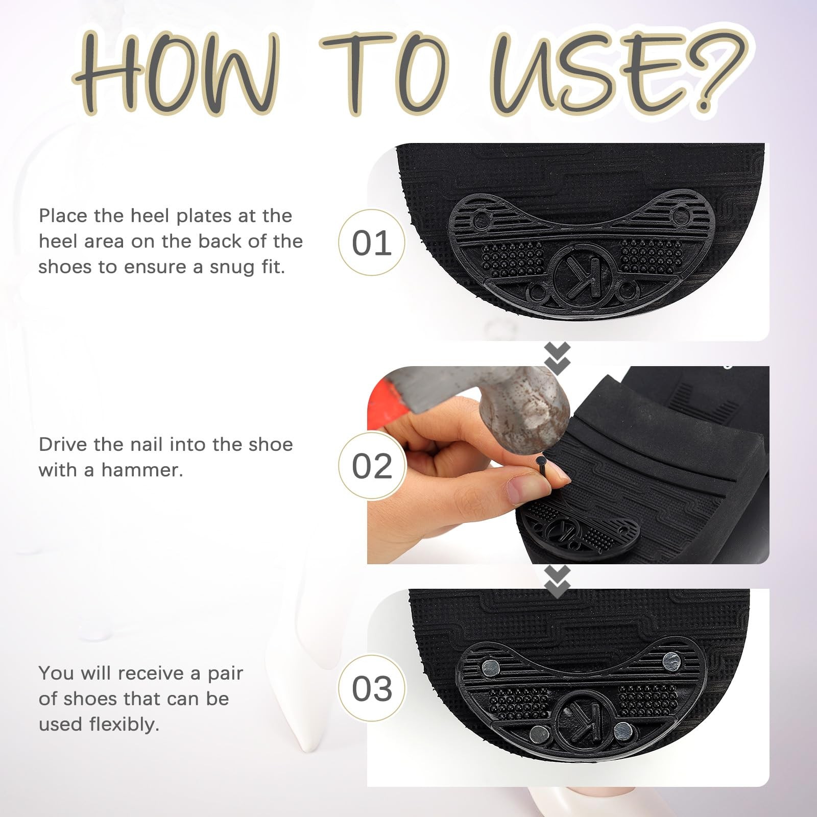 Black Heel Plates Taps Rubber Shoes Tips Pad Replacement with Nails Tools