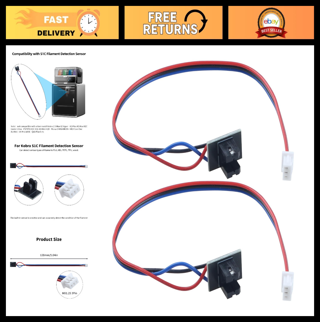 Filament Detection Sensor Pack of 2 for 3D Printers - Replacement PCB Board & Ca