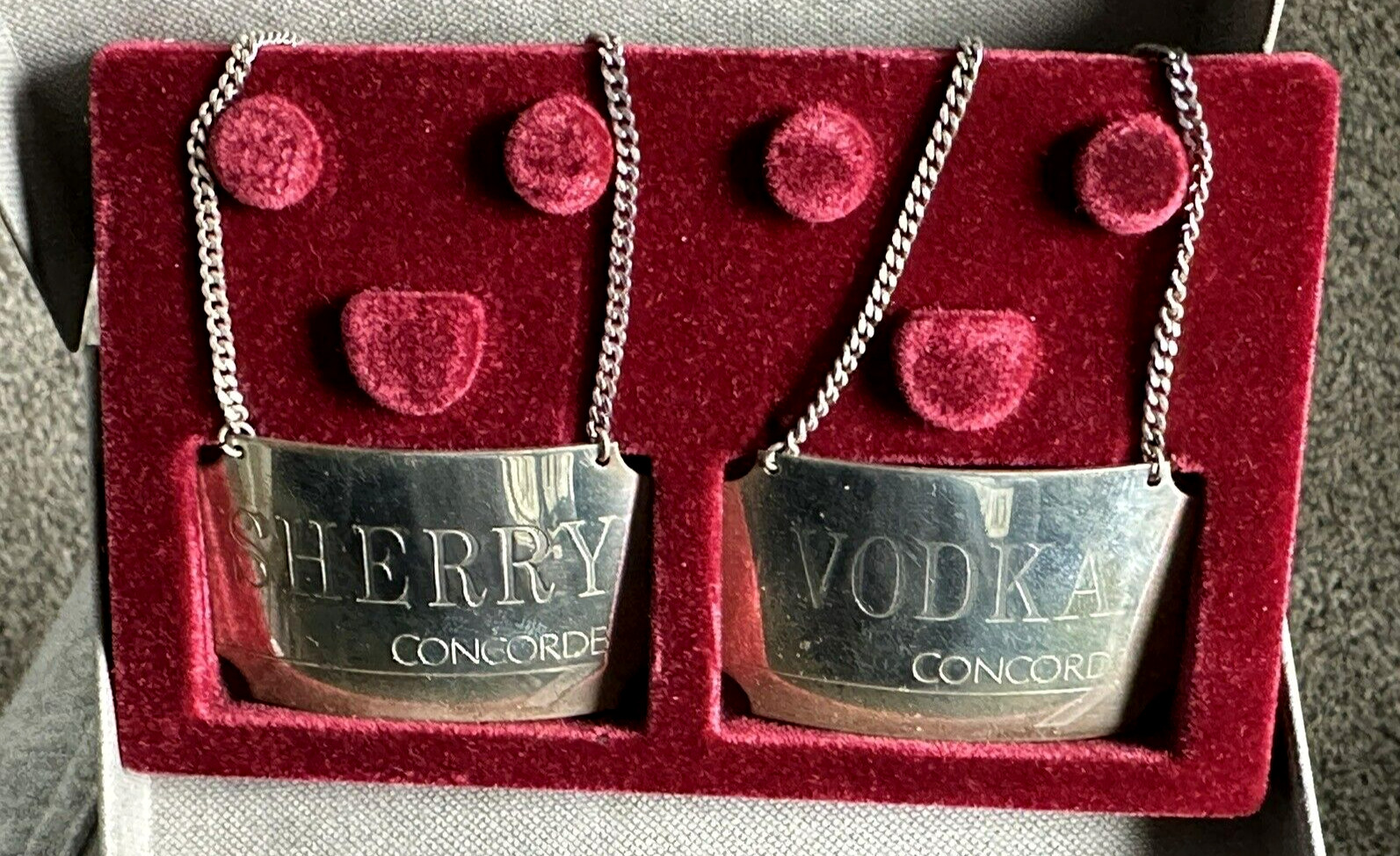 British Airways CONCORDE JET STERLING SILVER Decanter Labels WINE Vodka AIRPLANE